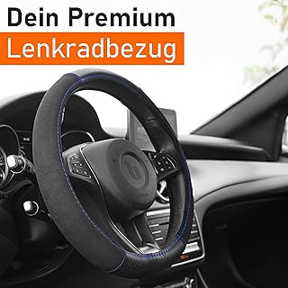 Upgrade4cars Steering Wheel Cover Alcantara Look Black Blue Steering Wheel Cover in Leather Look Universal Steering Wheel Protector 37-39 cm Car Accessories Interior Decoration Gift for Men and Women