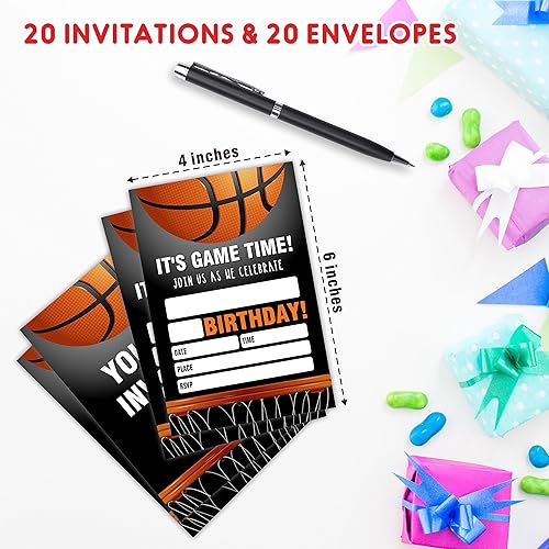 Miniatura 2 de AWSICE Invitaciones de cumpleaños de baloncesto, 20 tarjetas de invitación con sobres, tarjetas de invitación deportivas de doble cara para fiesta