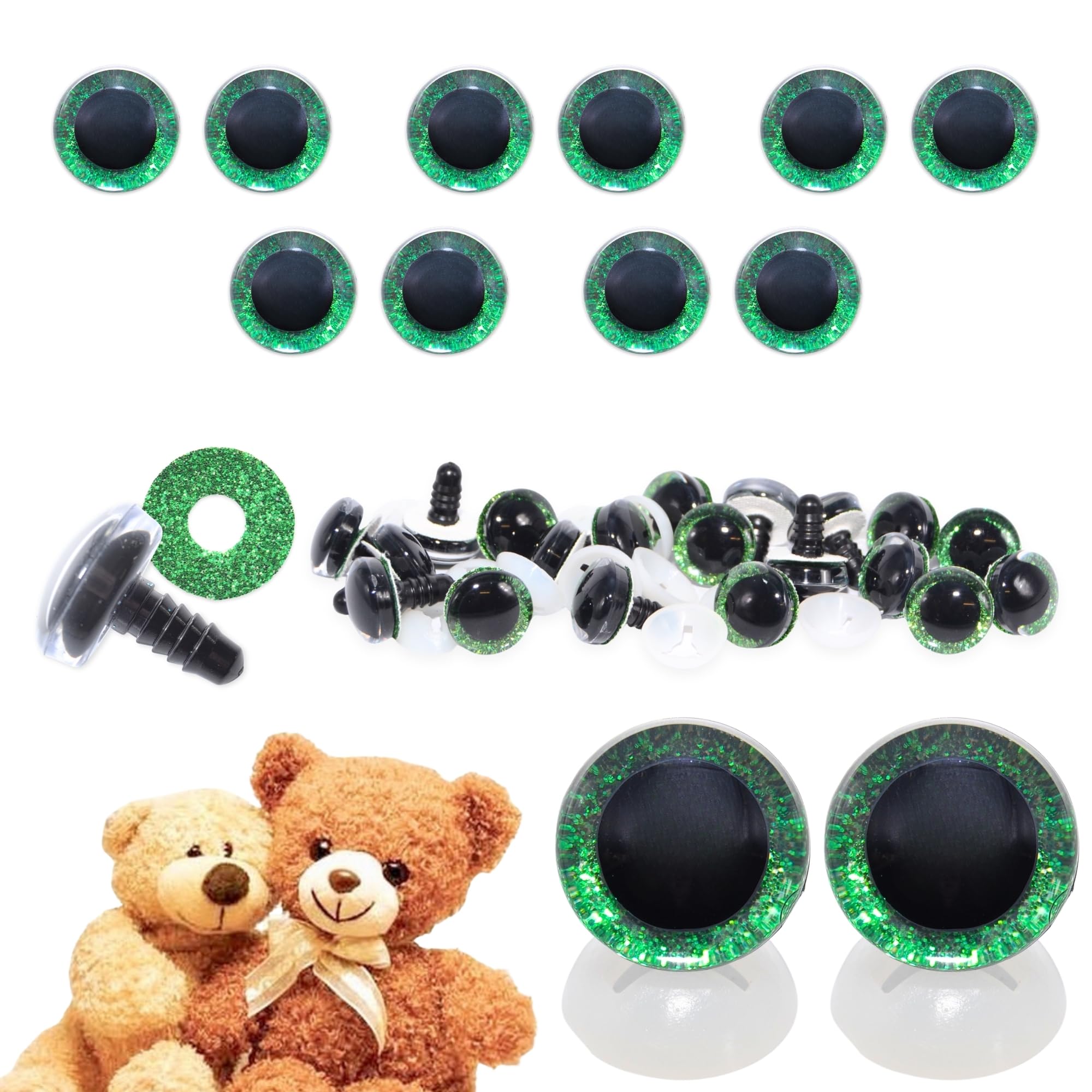 celloexpress 18mm Green 3D Glitter Eyes with Plastic Backs - Sparkle Safety Eyes for Soft Toy Teddy Bear Animal Making (Pack of 5 Pairs)