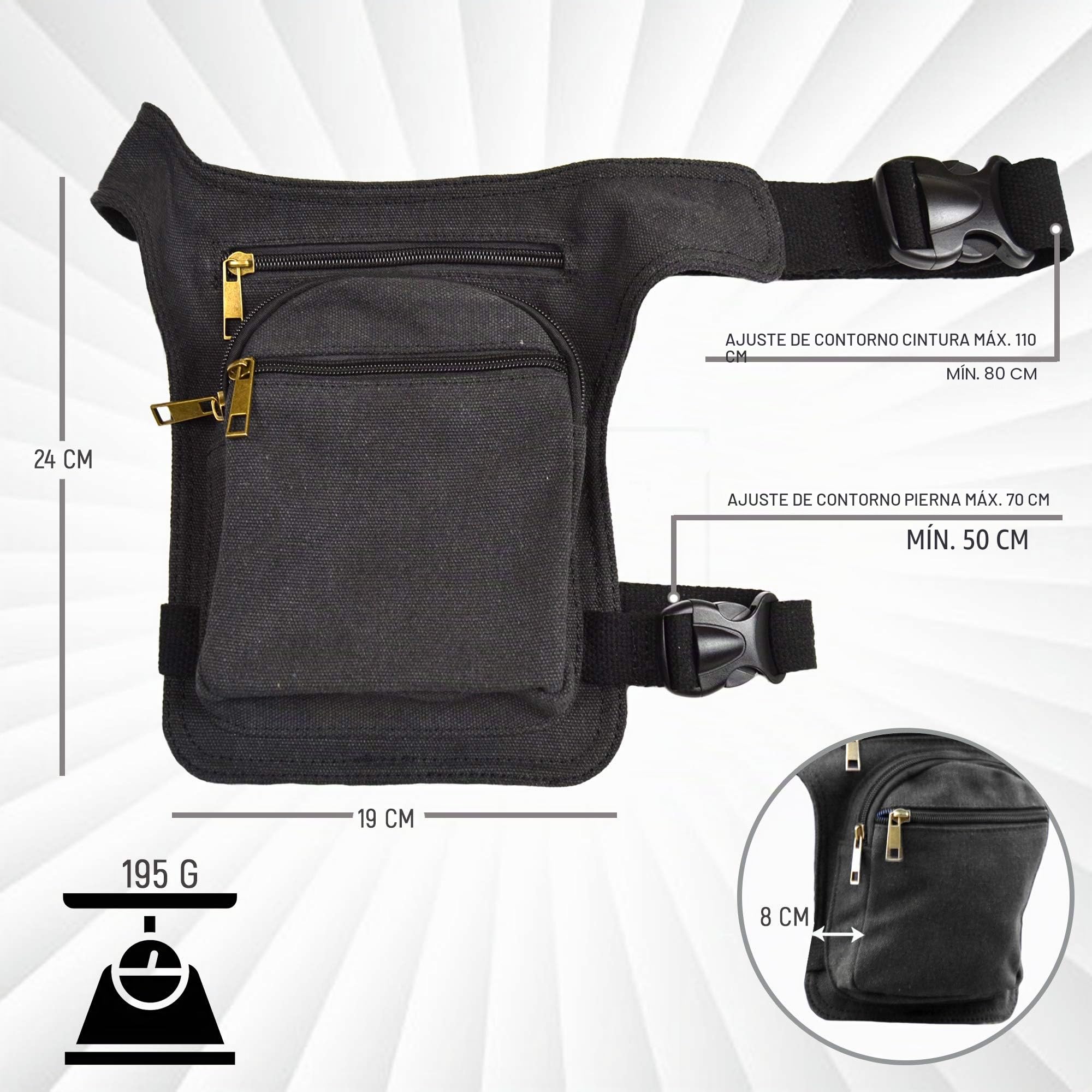 Riñonera Pierna Riñonera Lateral Pernera Moto Hippie con Cremallera, 3 Bolsillos y Doble Sujeción Unisex Negro Plomo