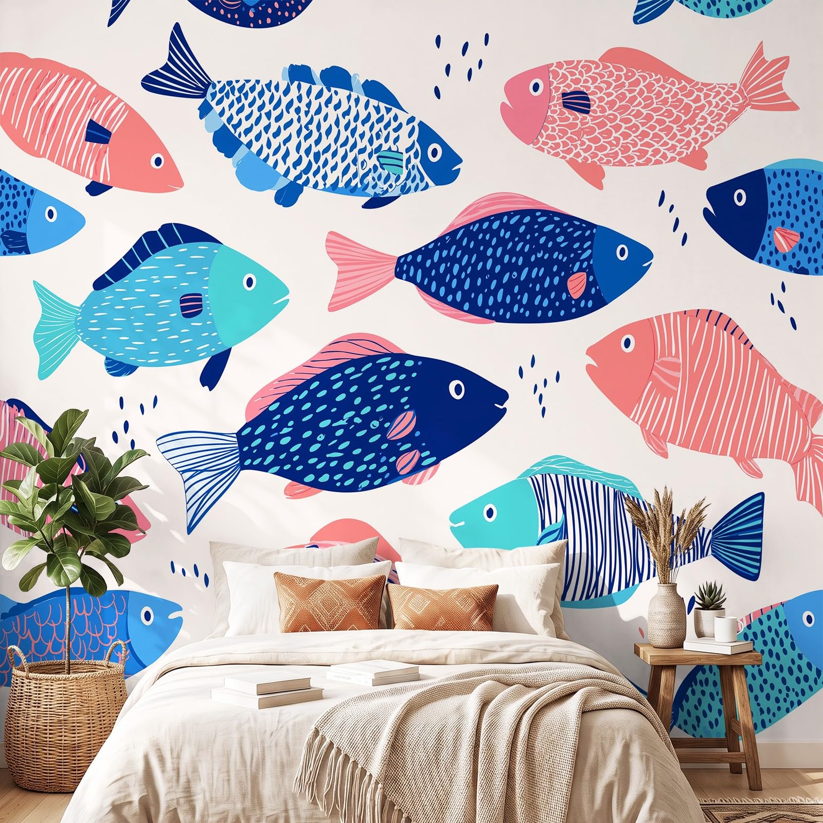Générique Carta da parati murale in tessuto non tessuto, disegno lineare oceano, carta da parati panoramica fotografica, 300 x 210 cm (L x A) - Decorazione da parete per panchina, divertente per