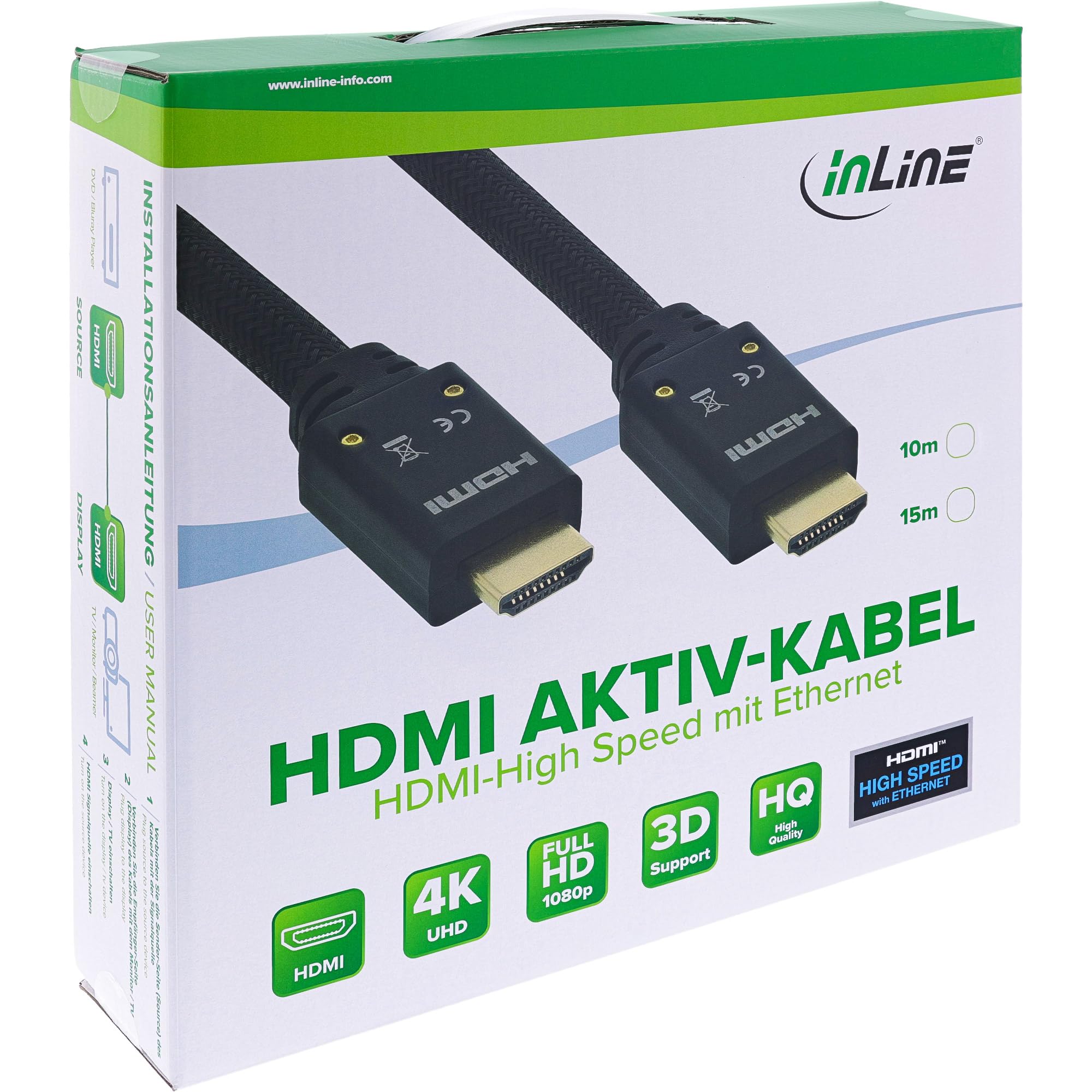 InLine 17510A HDMI kabel aktywny, HDMI High Speed z Ethernet, 4K2K, wtyczka/wtyczka, czarny/złoty, nylonowy oplot 10 m