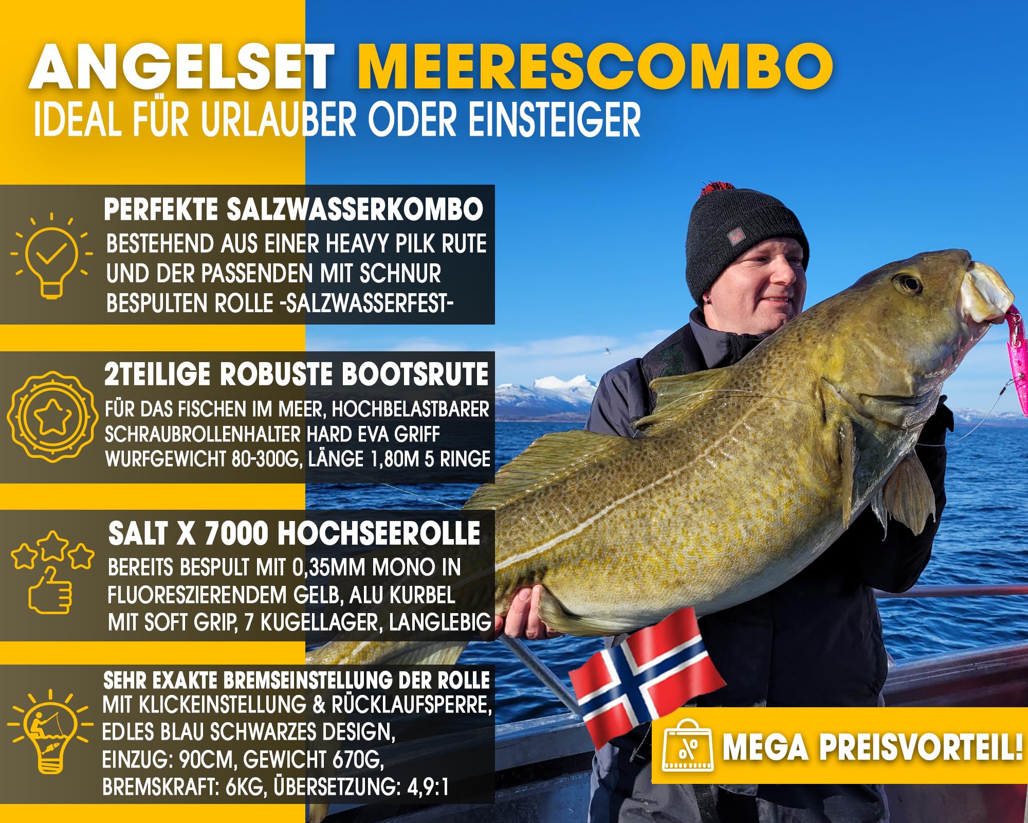 Angel Berger Meerescombo Angelset Norwegen Pilkset Pilkrute mit Stationärrolle Meeresangeln Norway Meeresangelset