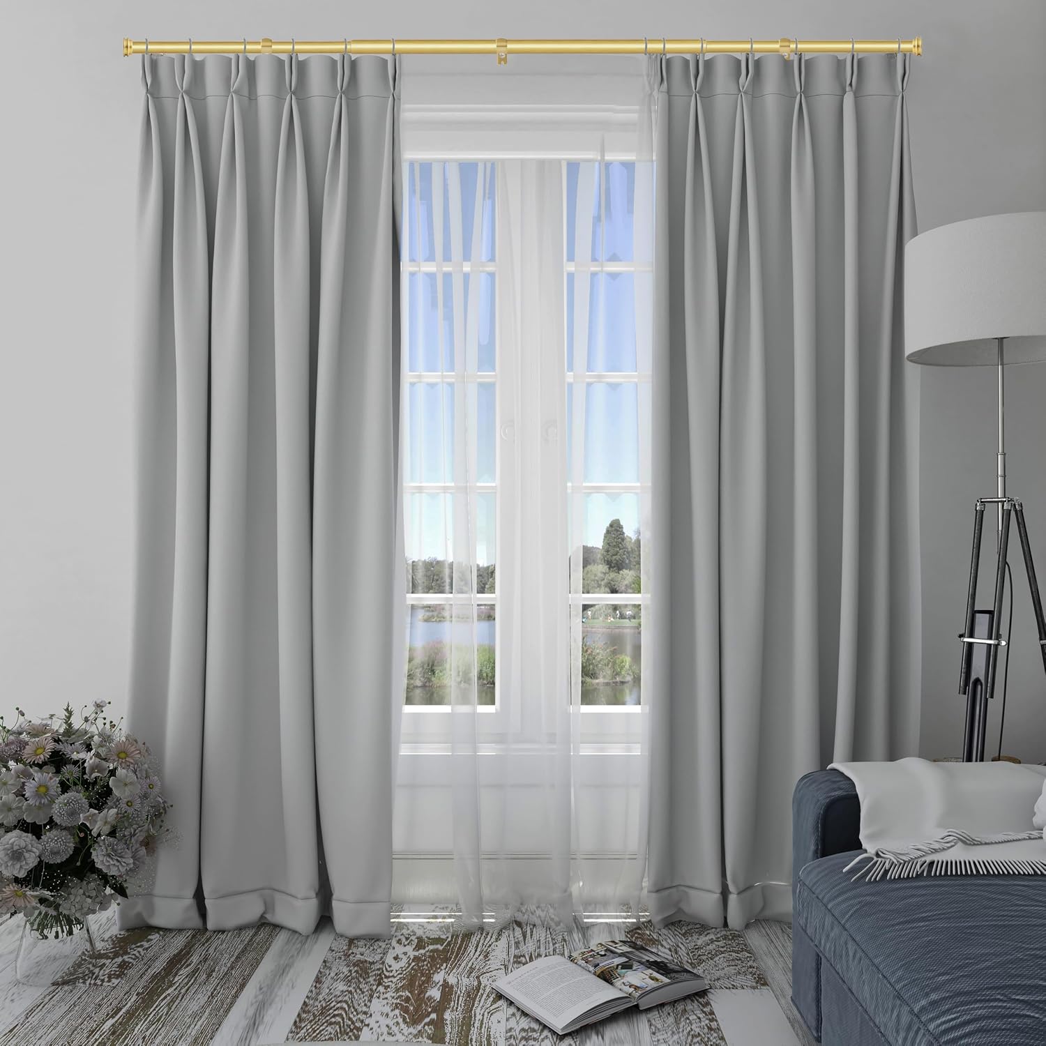 5/8" Single Curtain Rod with Nerveux Finials 2set (Gold, 84''-120'')