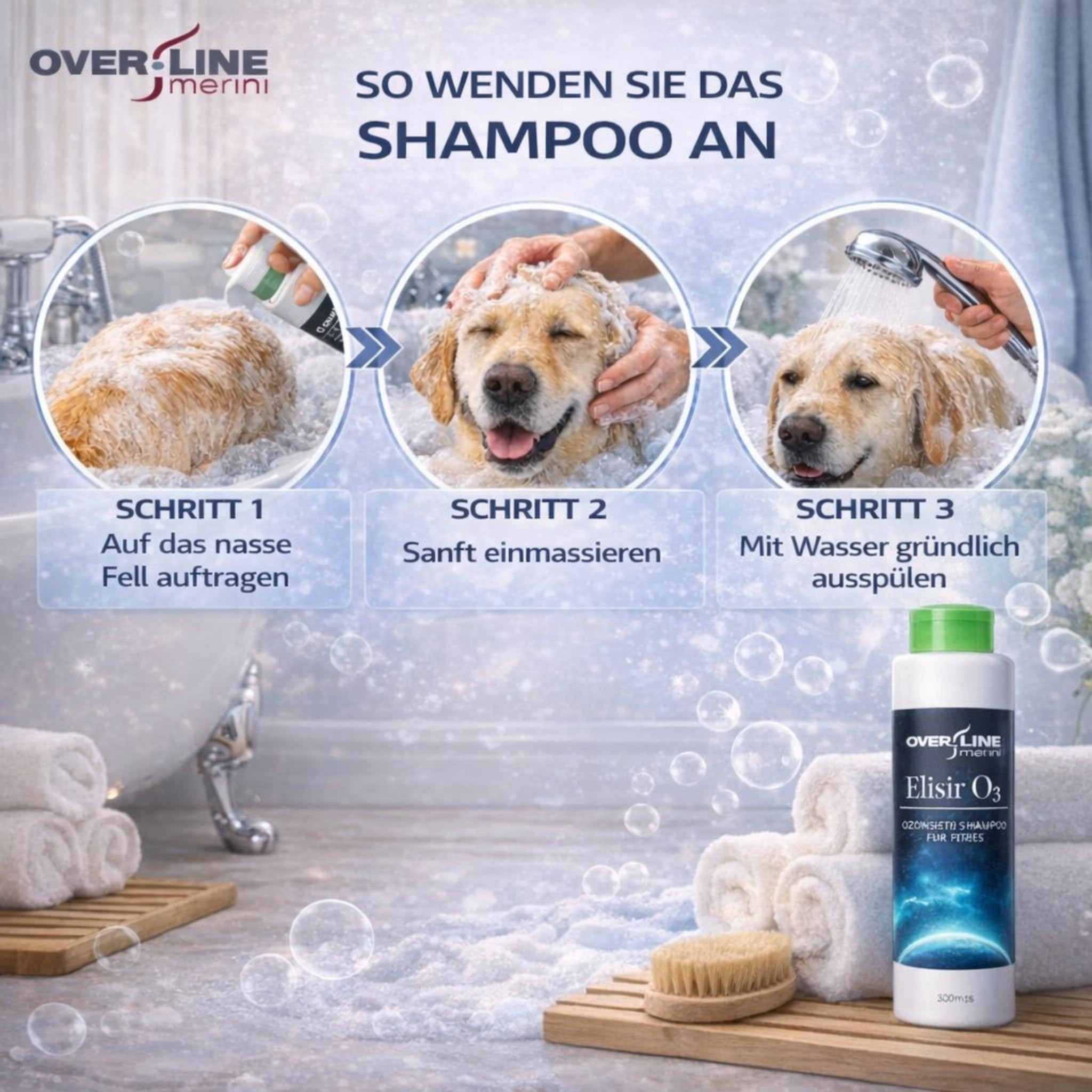 OVER LINE MERINI | Hundeshampoo mit Ozon 1 Liter – Milde Reinigung für empfindliche Haut – Unterstützt bei Juckreiz und Hautirritationen – Für die regelmäßige Anwendung geeignet