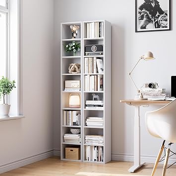 Bamjoy 71 Inches Tall Narrow Bookshelf, 8-Tier CD DVD Slim Media Tower Rack, Corner Bookcase with Adjustable Shelves, Skinny Cubes Bookshelves for Home Office Small Space, White