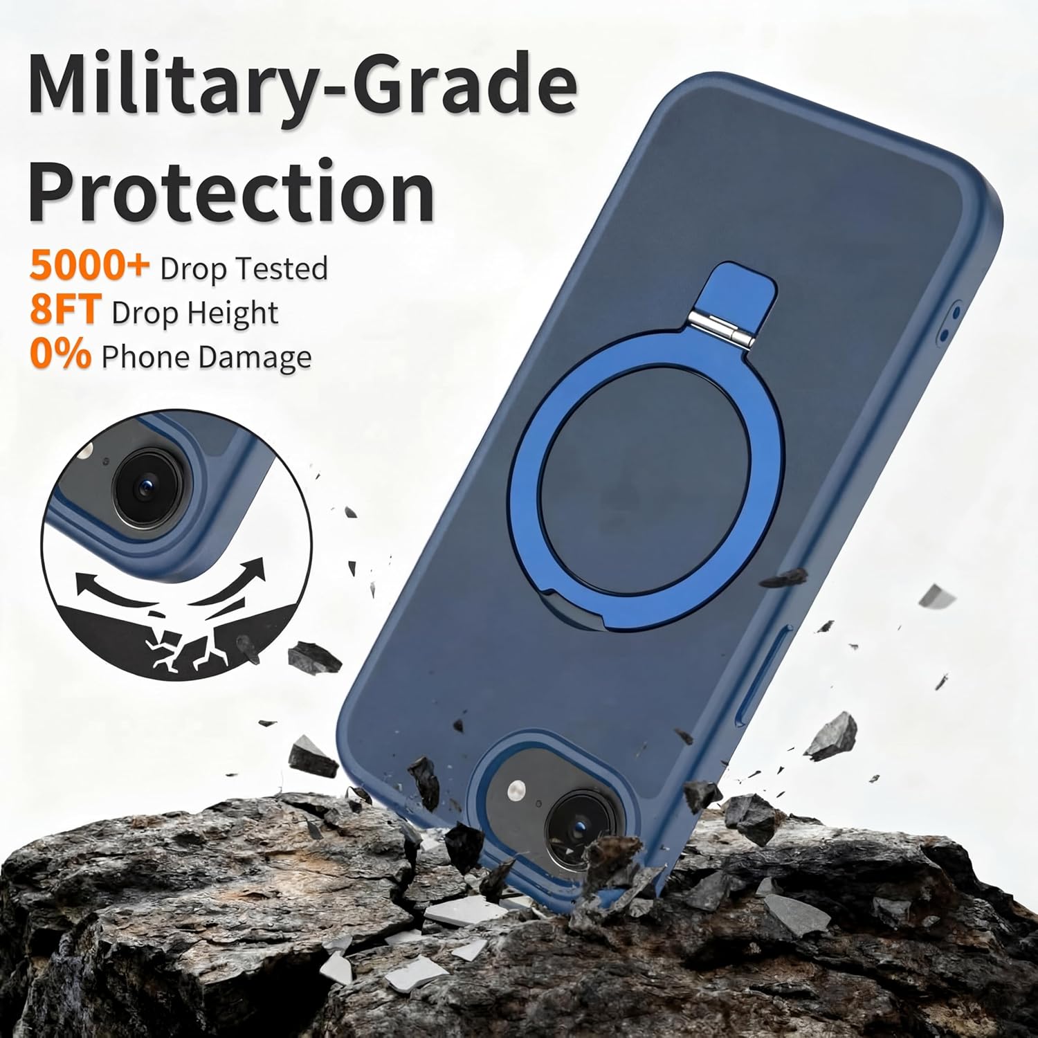 Eastinbox for iPhone 16e & iPhone 17e Case [16FT Military Grade Shockproof], Anti-Slip Anti-Scratch, Slim Translucent Frosted Matte Phone Cover, Case for iPhone 17 e/16 e 6.1", Blue Stand