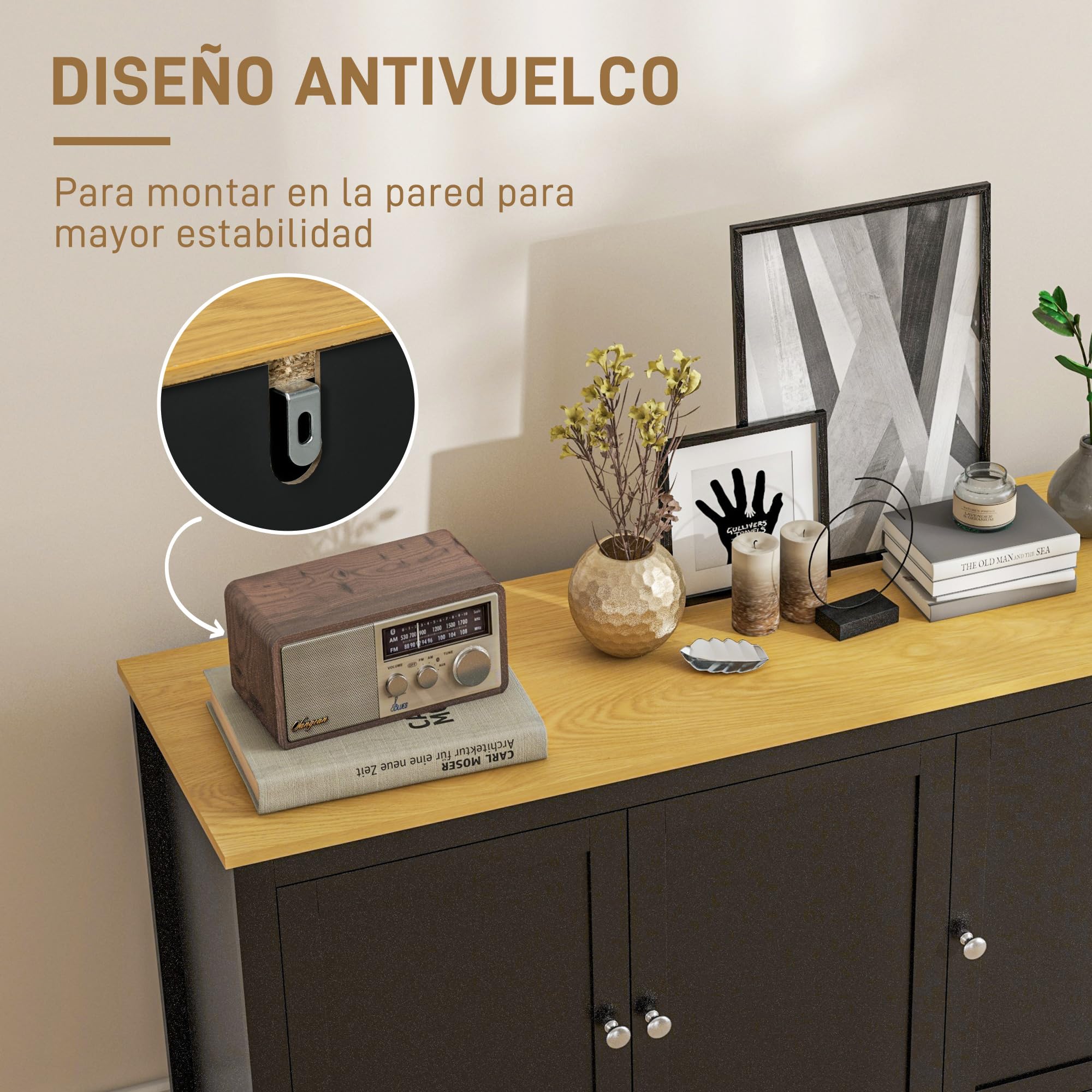 HOMCOM Aparador de 3 Puertas con Estantes Ajustables 120x40x70 cm Negro | Aparador de Salón, para Cocina, Entrada, Comedor, Dormitorio