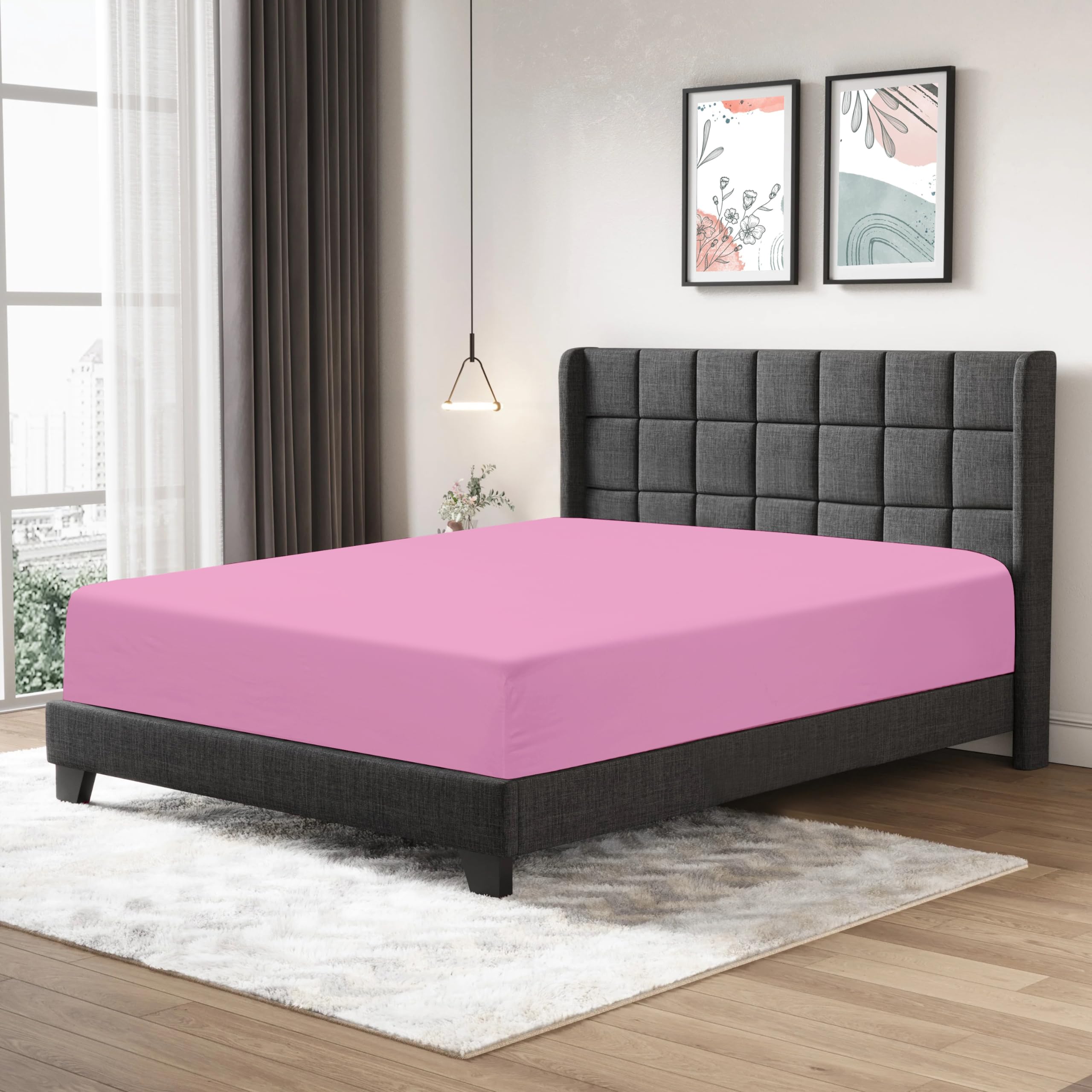 Fitted Sheet 25cm Deep Mattress Pocket 100% Egyptian Cotton 200 Thread Count Soft & Fade Resistant Bottom Fitted Bed Sheet (Pink, Super King)