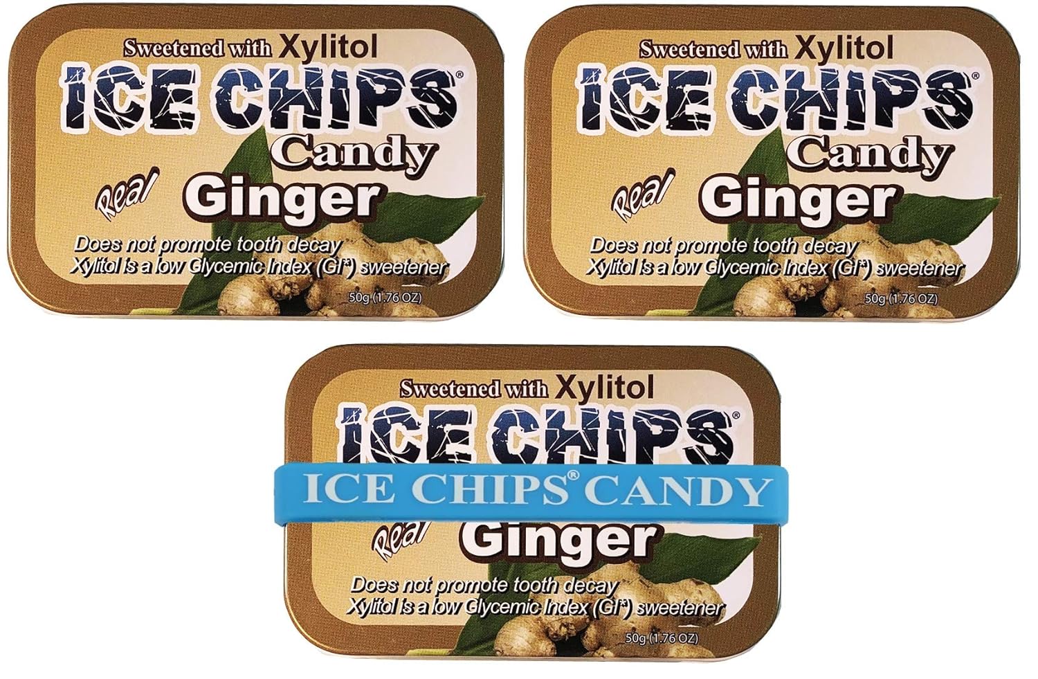 ICE CHIPS Xylitol Candy Tins (Ginger, 3 Pack) Includes