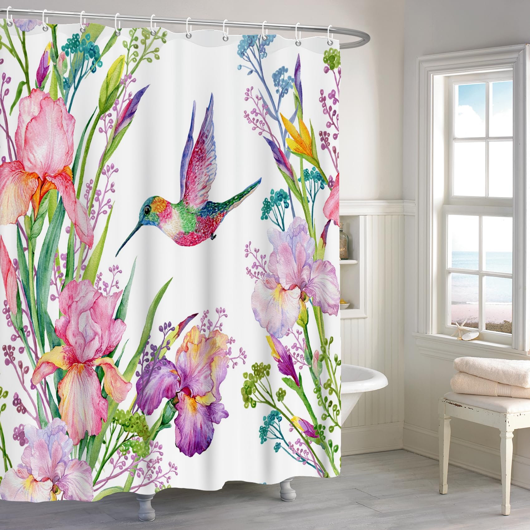 Renaiss 72x84 Inch Flower Hummingbird Shower Curtain Watercolor Pink Floral Blooming Bird Natural Plants Botanical Shower Curtains for Bathroom Decor