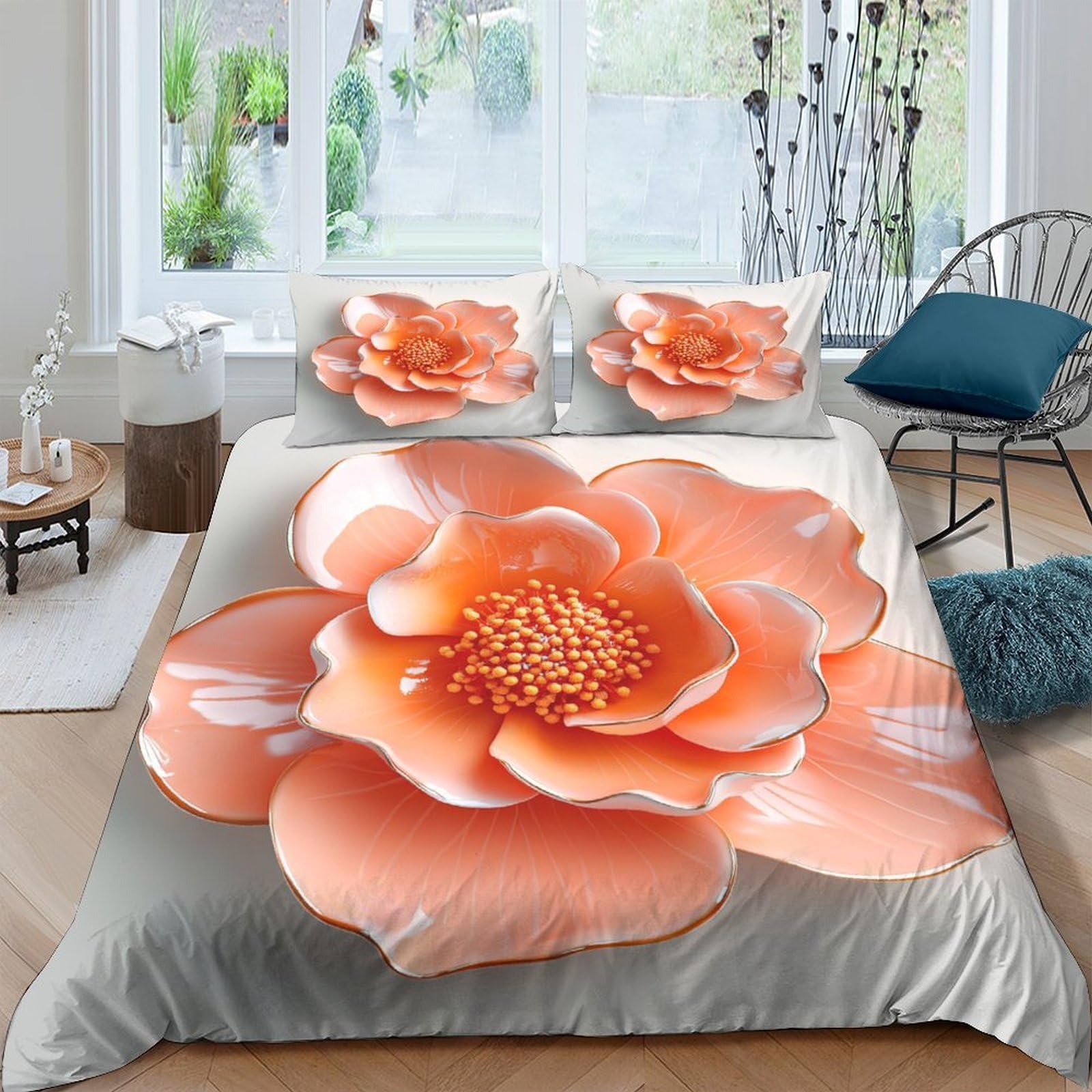 Ctjqhvkz Style-6 3D Printed Peach Blossom Fitted Sheet Microfiber Soft Orange Flower Bed Cover Bedroom Decor Mattress Protection Single（135X200cm）