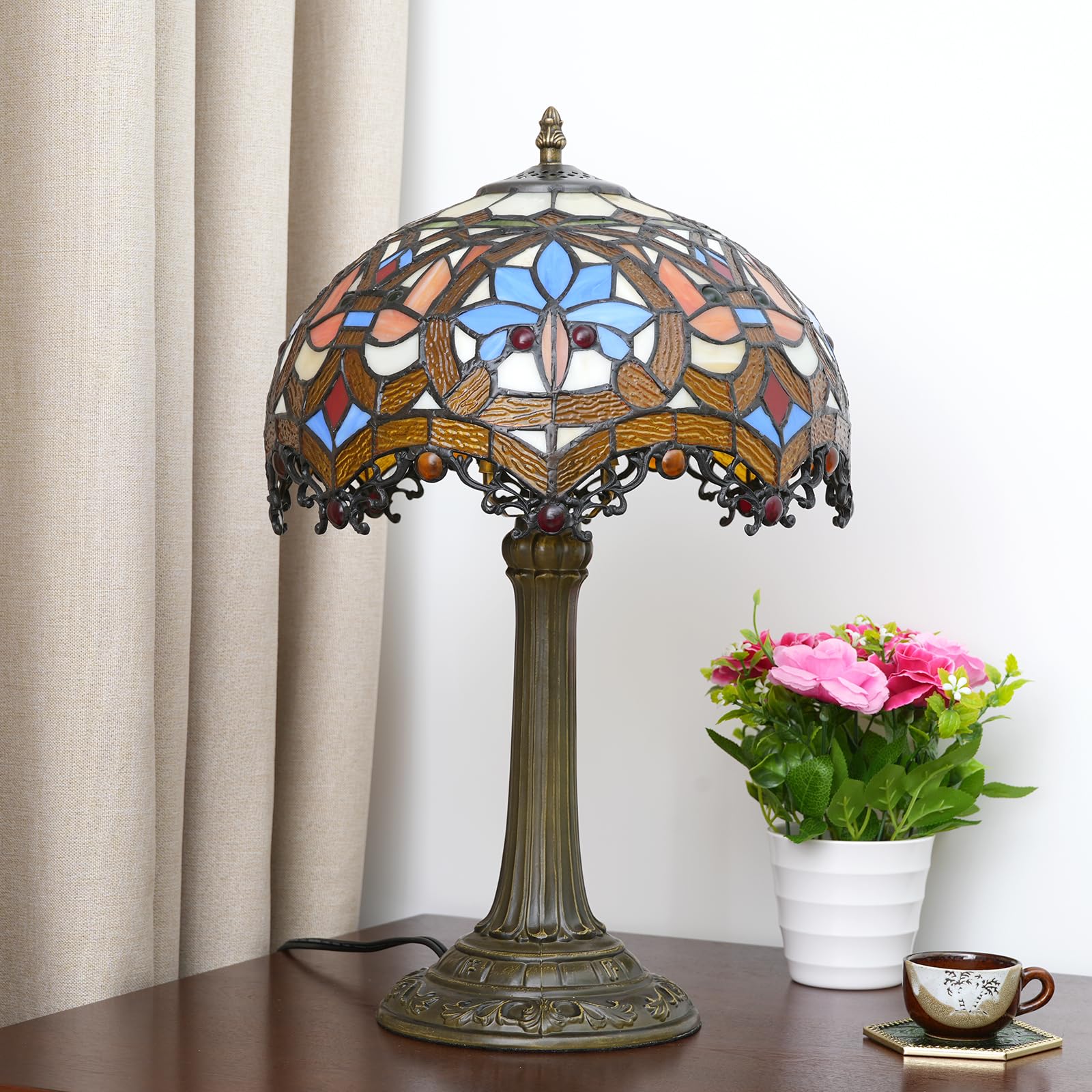 Lampa Tiffany witrażowa lampa stołowa antyczna lampa biurkowa na stolik nocny sypialnia salon dom biuro unikalny uroczy akcent oświetlenie dekoracyjne zawiera żarówkę LED