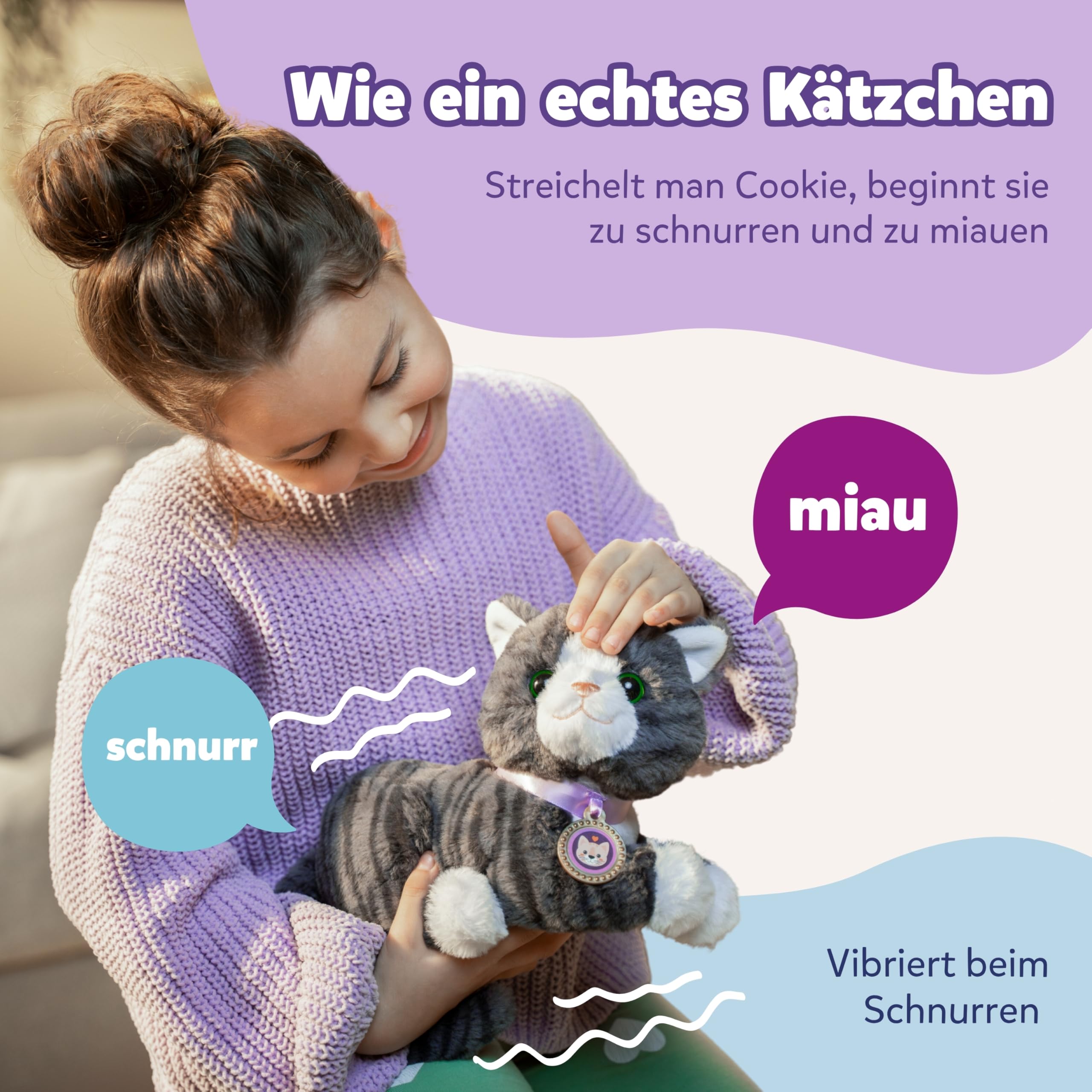 BABY Born Meine Katze Cookie - Kuscheltier mit Sound & Vibration - Inkl. Katzenkörbchen - Funktioniert mit Batterien - Geeignet für Kinder ab 1 Jahr