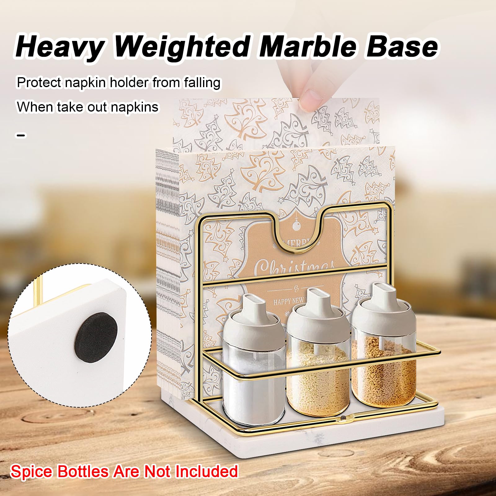 Livabber Servilletero con base de mármol, servilletero de metal con salero y pimentero, moderno dispensador de servilletas con estante de condimentos para especias para mesa, cocina, encimera (dorado)