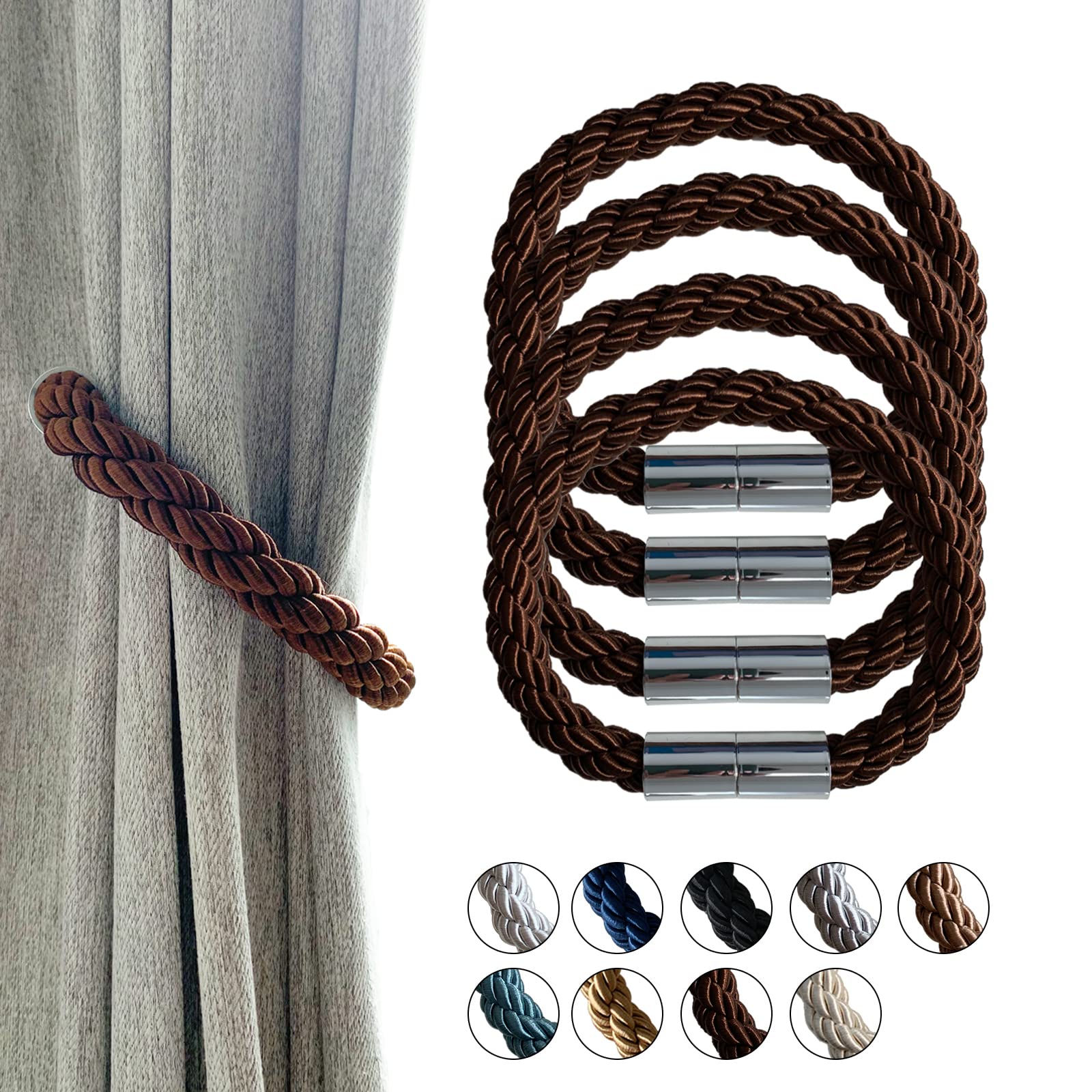CAWANFLY Magnetic Curtain Tiebacks Decorative Window Drapery Holdbacks, 2 Pack Window Drape Weave Tie Back Holders for Blackout Sheer Window Treatment (Brown, 4 Pack)