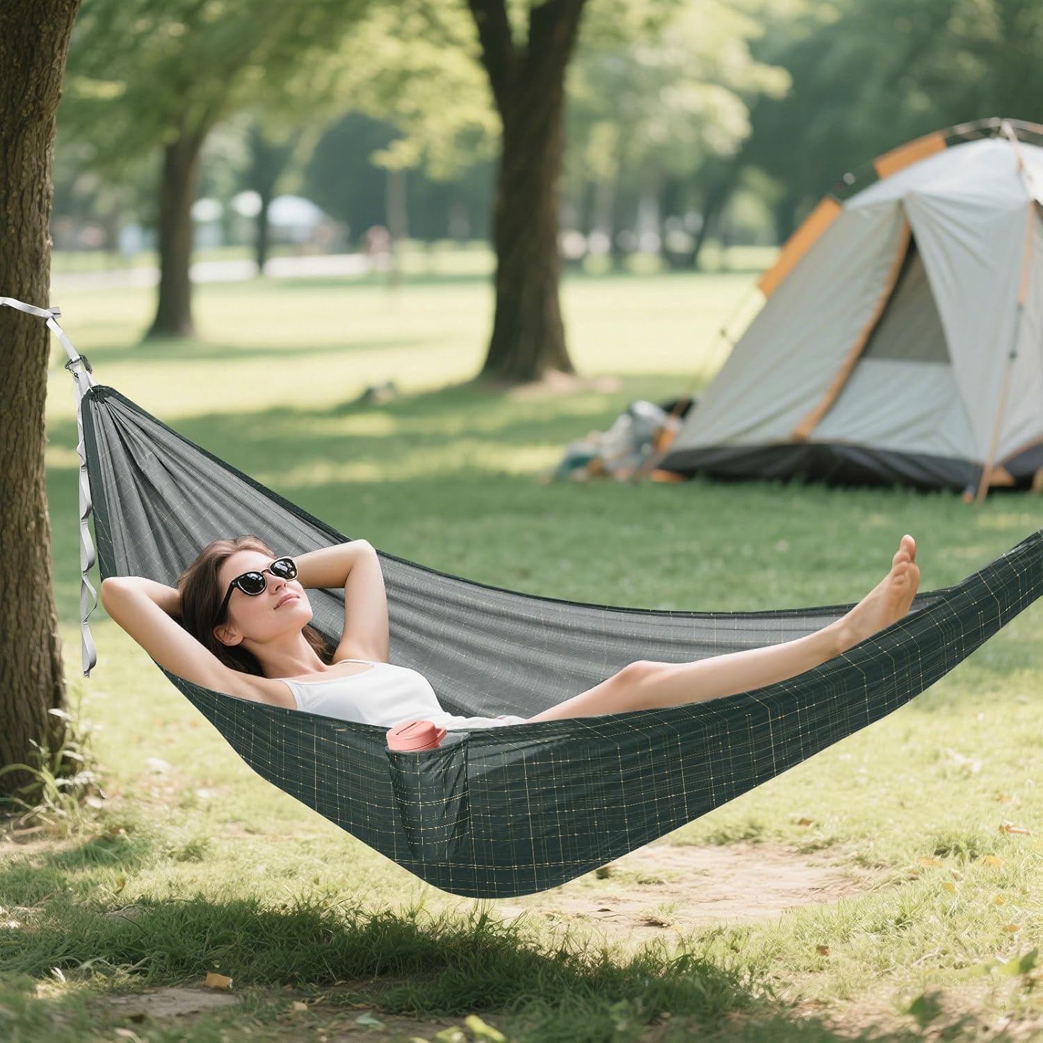 Dark Green Grids Camping Hammock Portable Hammock for Camping & Hiking Essential