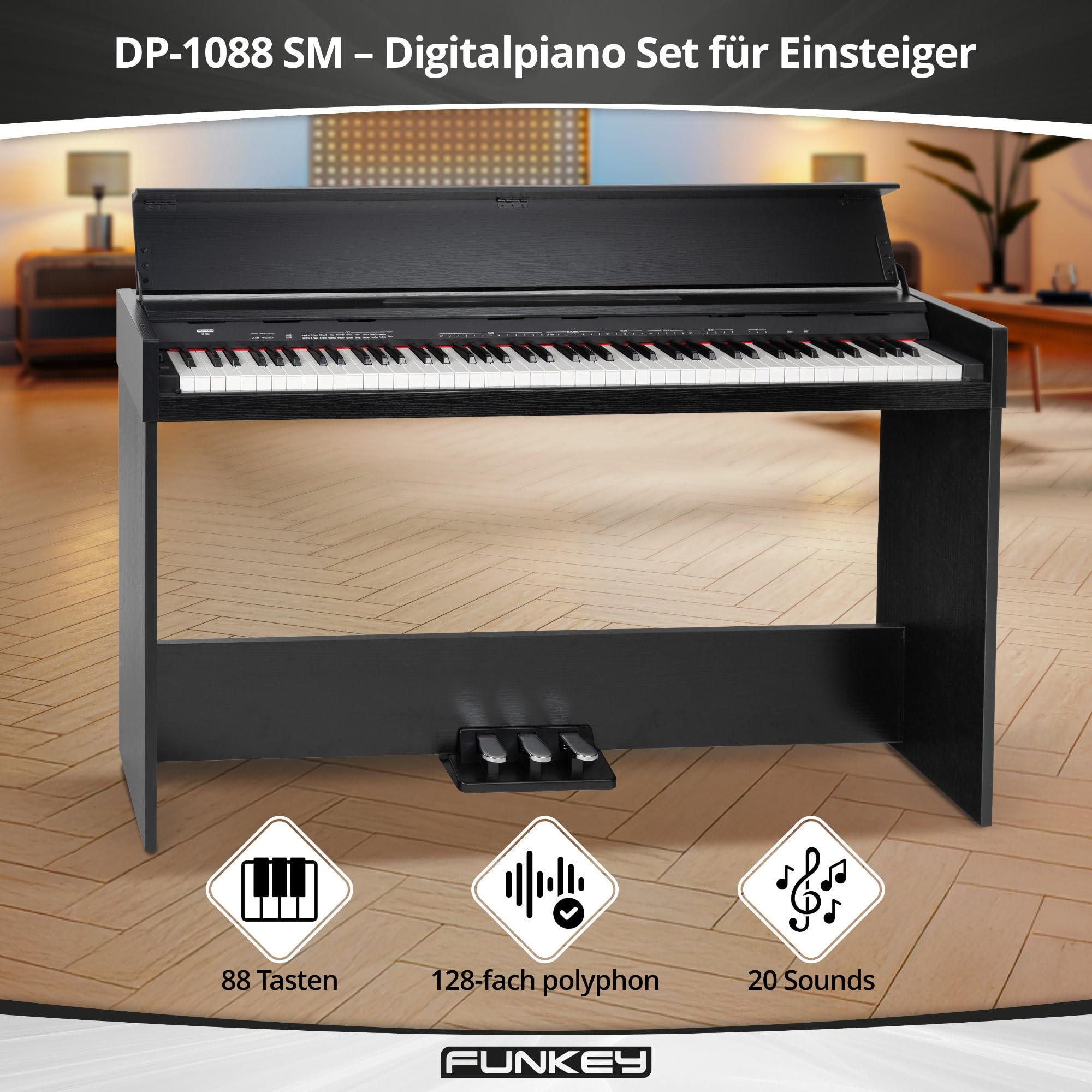FunKey DP-1088 SM Pianoforte digitale sottile Set - 88 tasti sensibili alla velocità e 3 pedali - 20 suoni - Altoparlanti stereo integrati e comprensivo di banco e cuffie - Finitura nera opaca