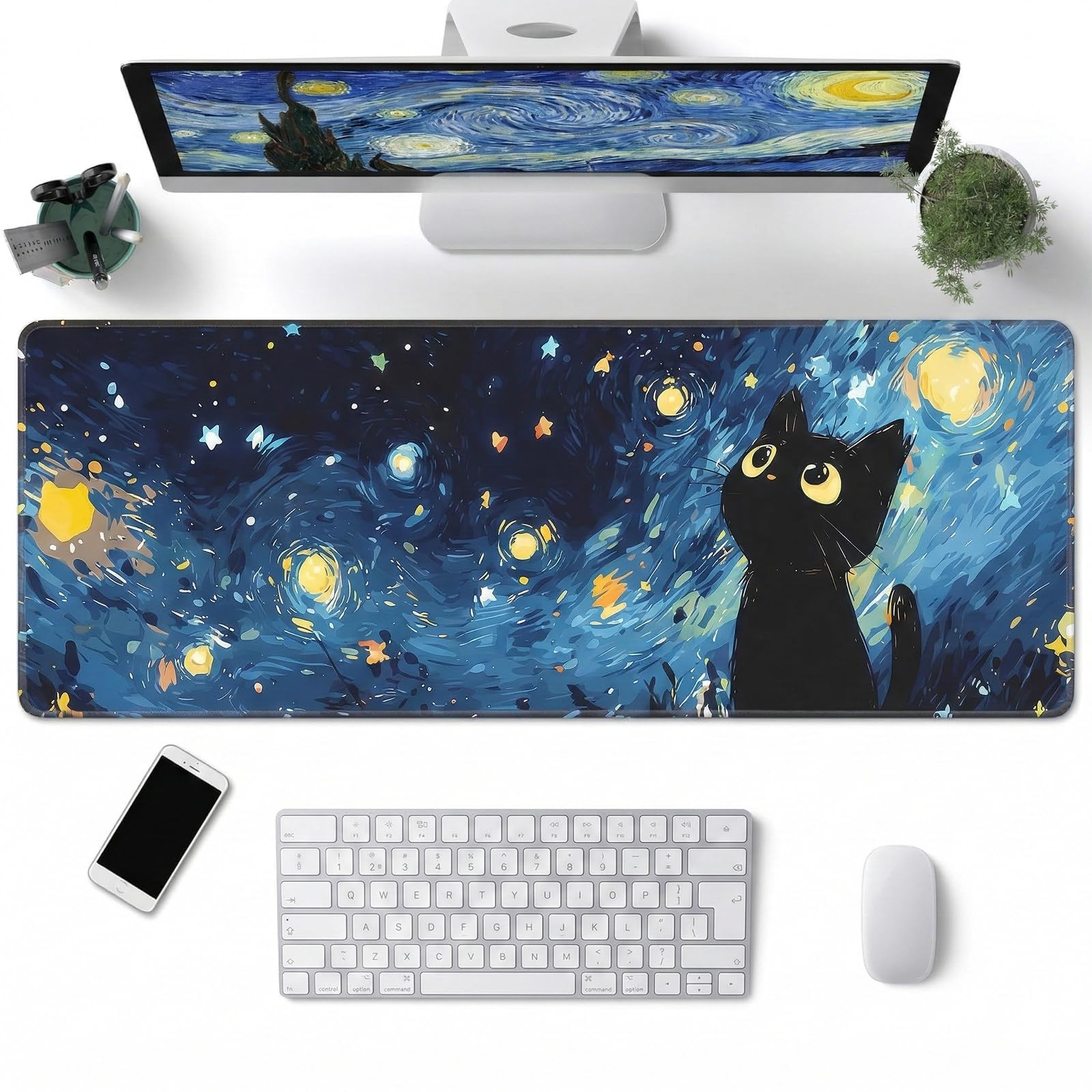 Alfombrilla de Ratón Grande, Alfombrilla de Escritorio Extra Grande XXL 800×300×3 mm, Cojín de Mesa Dulce para Trabajo y Juegos, Alfombrilla Antideslizante para Portátil, Gato bajo el