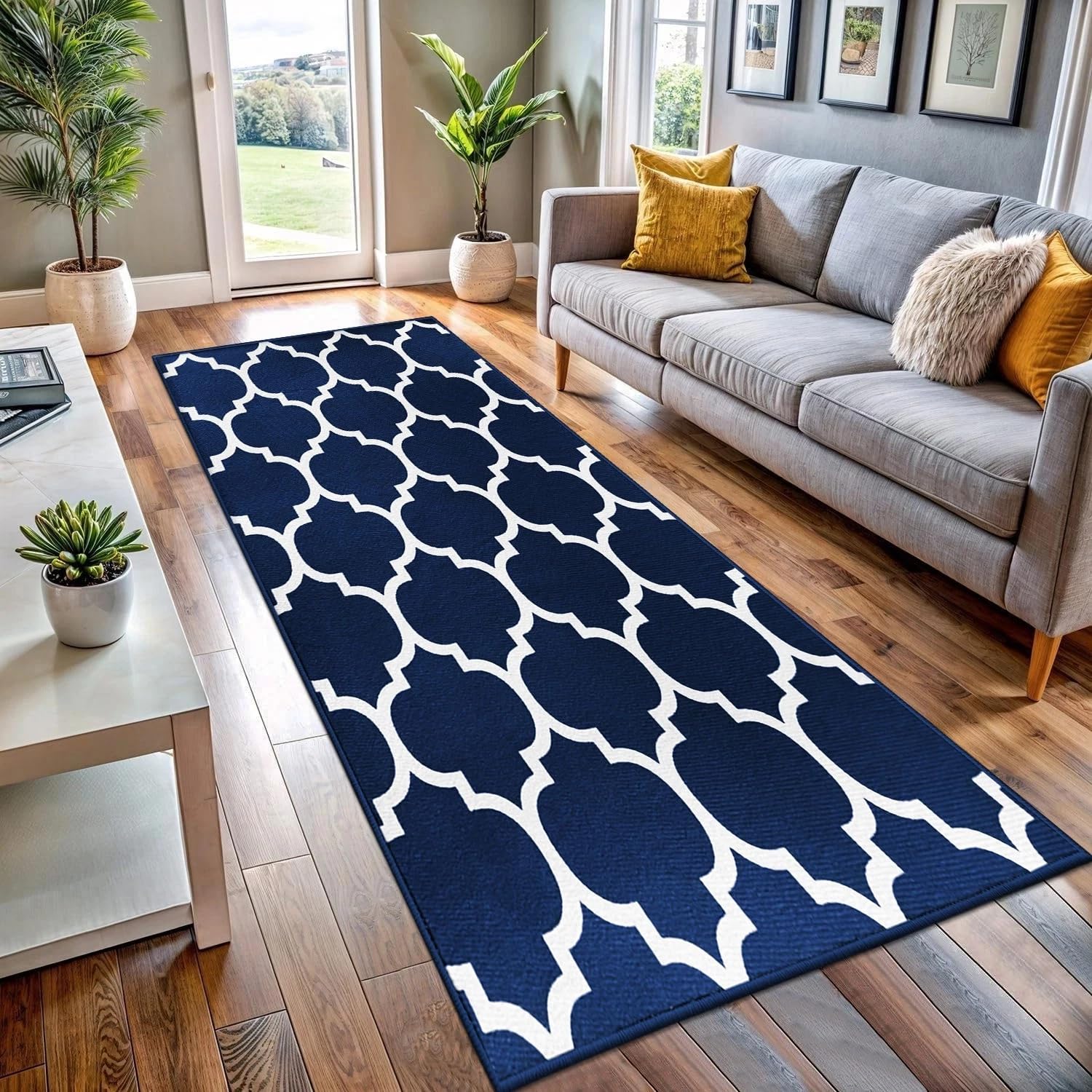 BedLooms Runner Rugs for Hallway 60x220 cm Trellis Pattern Carpets living room Printed Navy Blue Runners for Lounge Office Bedroom (Ava Navy)