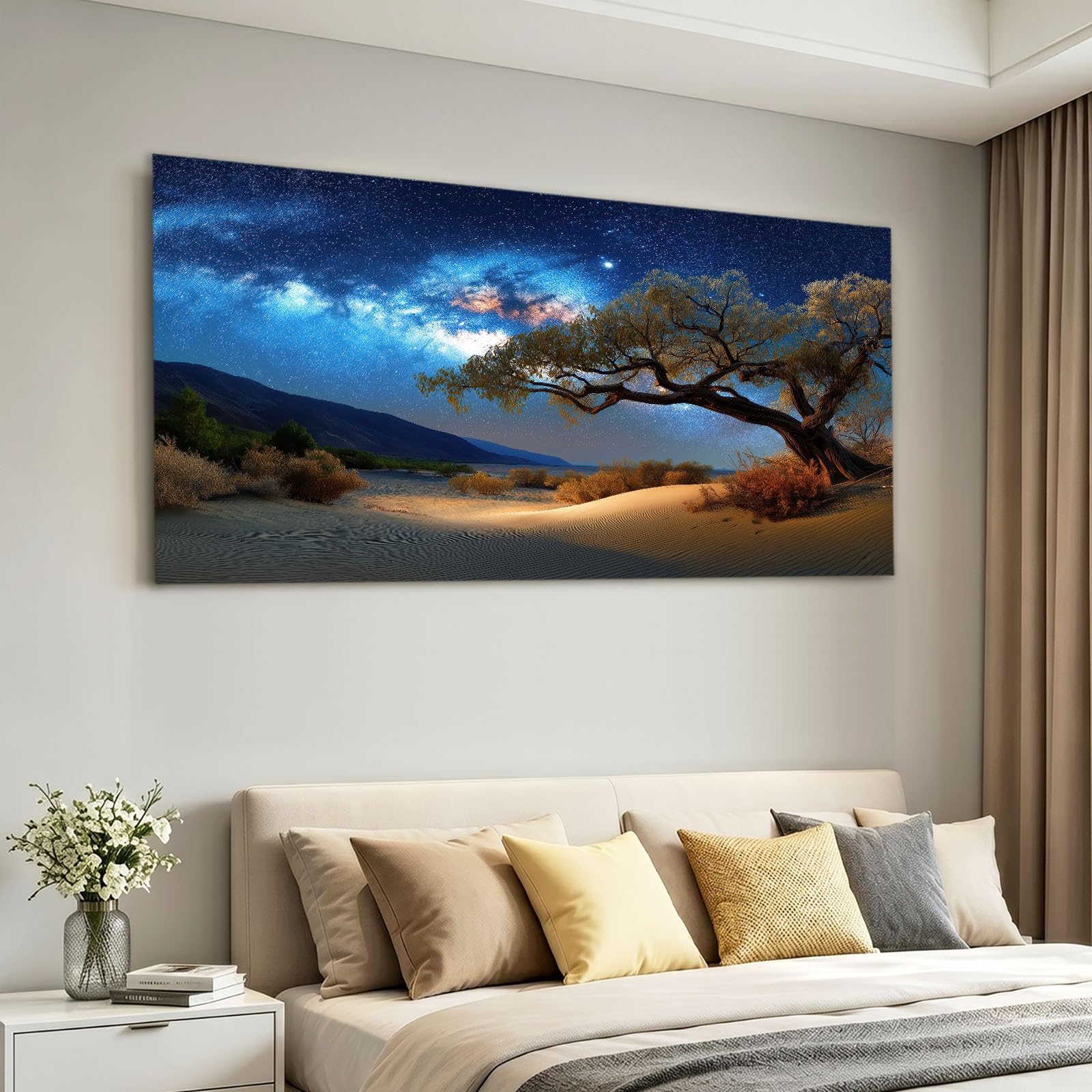 Obrazy na płótnie, gwiaździste niebo, droga mleczna, obrazy ścienne do salonu, 120 x 60 cm, druk artystyczny, obrazy na płótnie, niebieskie wydmy, drzewa, góry, dekoracja ścienna do korytarza