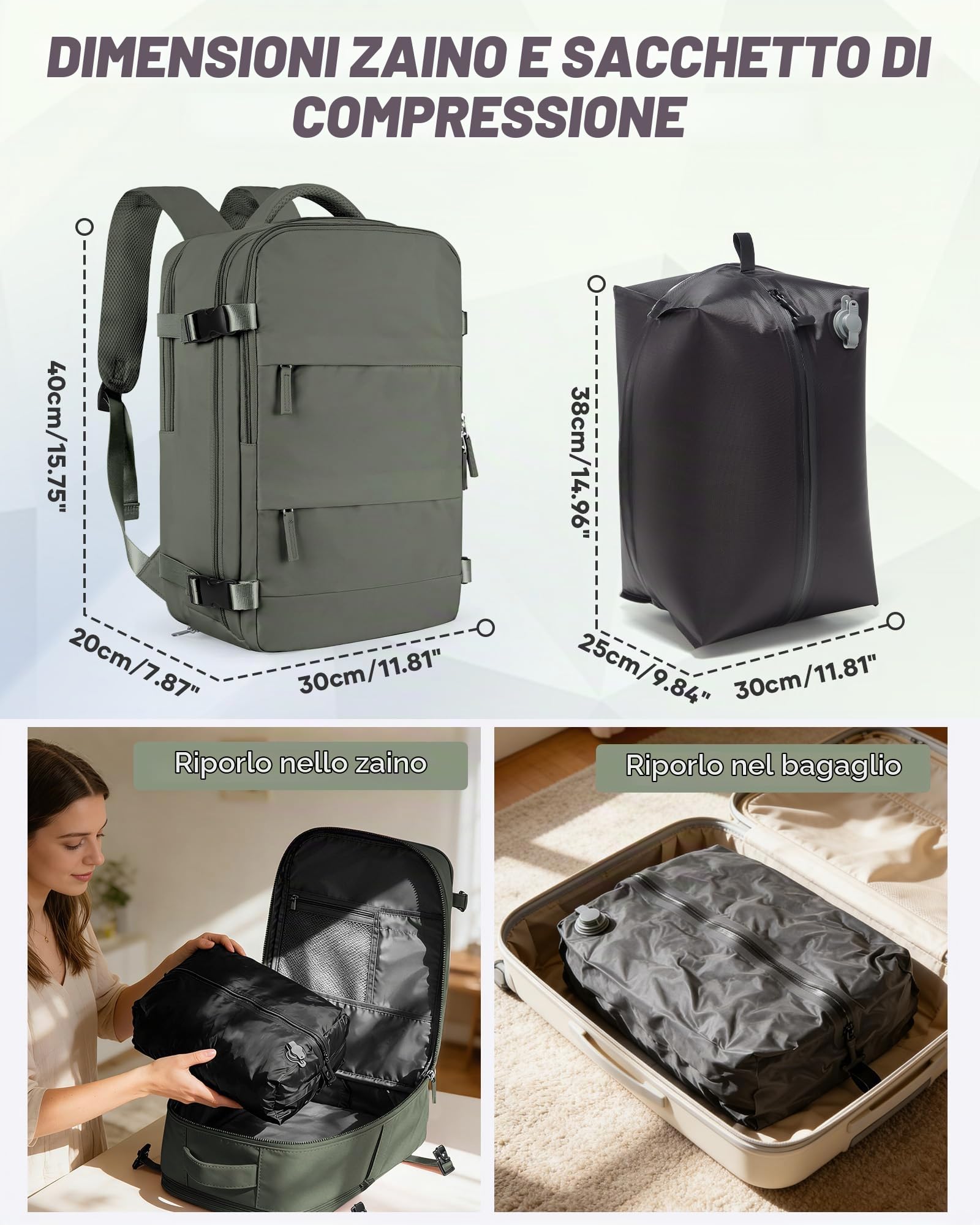 SEAFEW Zaino Sottovuoto da Viaggio con Pompa Borsa da Cabina per Ryanair 40x30x20 Aereo Bagaglio a Mano per Easyjet Impermeabile Lavoro e Scuola Trekking Casual Daypack per 14" laptop,H03-Verde