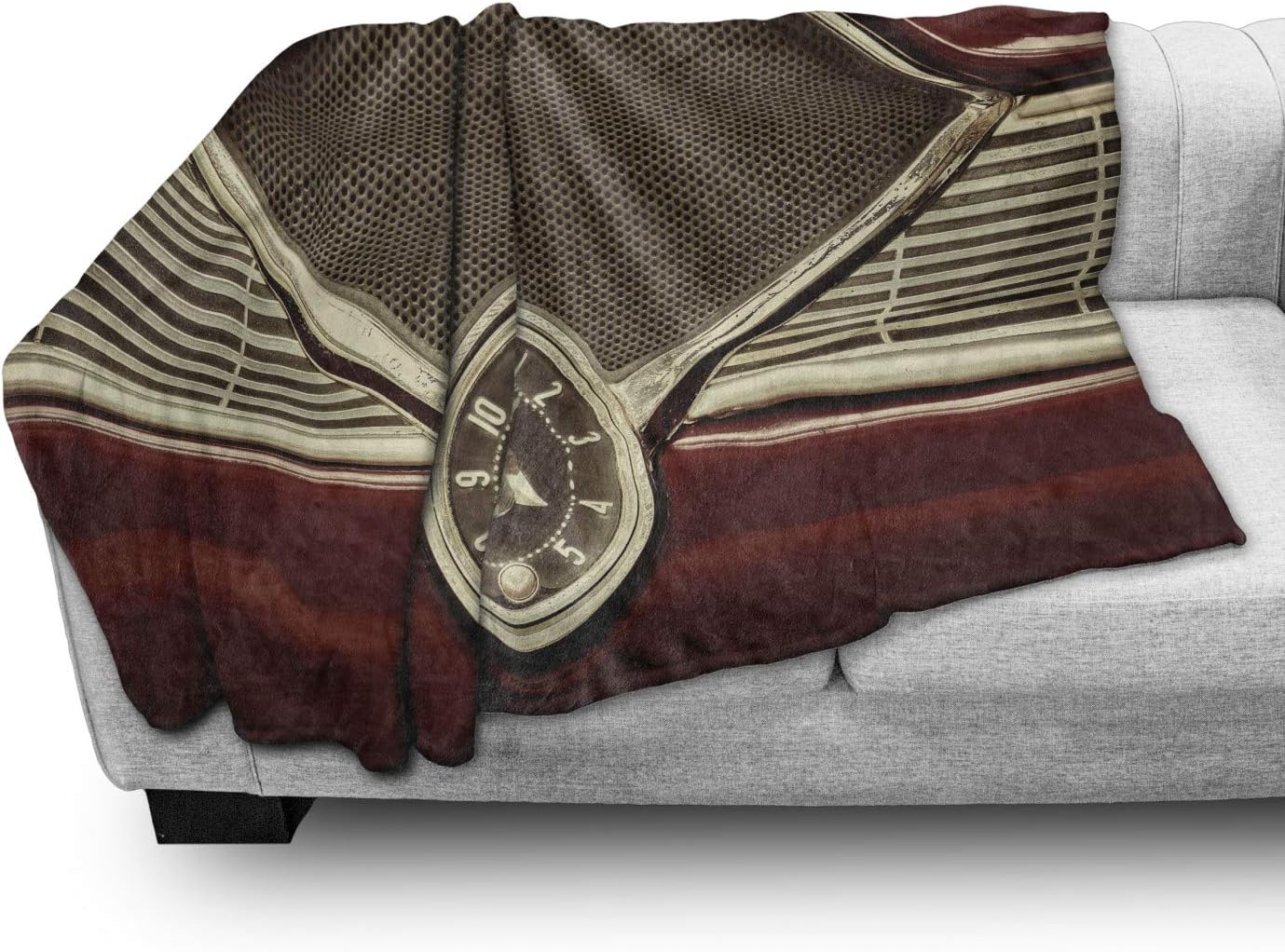 Lunarable 1950s Soft Flannel Fleece Throw Blanket, Clock on The Dashboard of Maroon Classic Fifties Car Classical Automobile Close, Cozy Plush for Indoor and Outdoor Use, 70" x 90", Redwood Sepia
