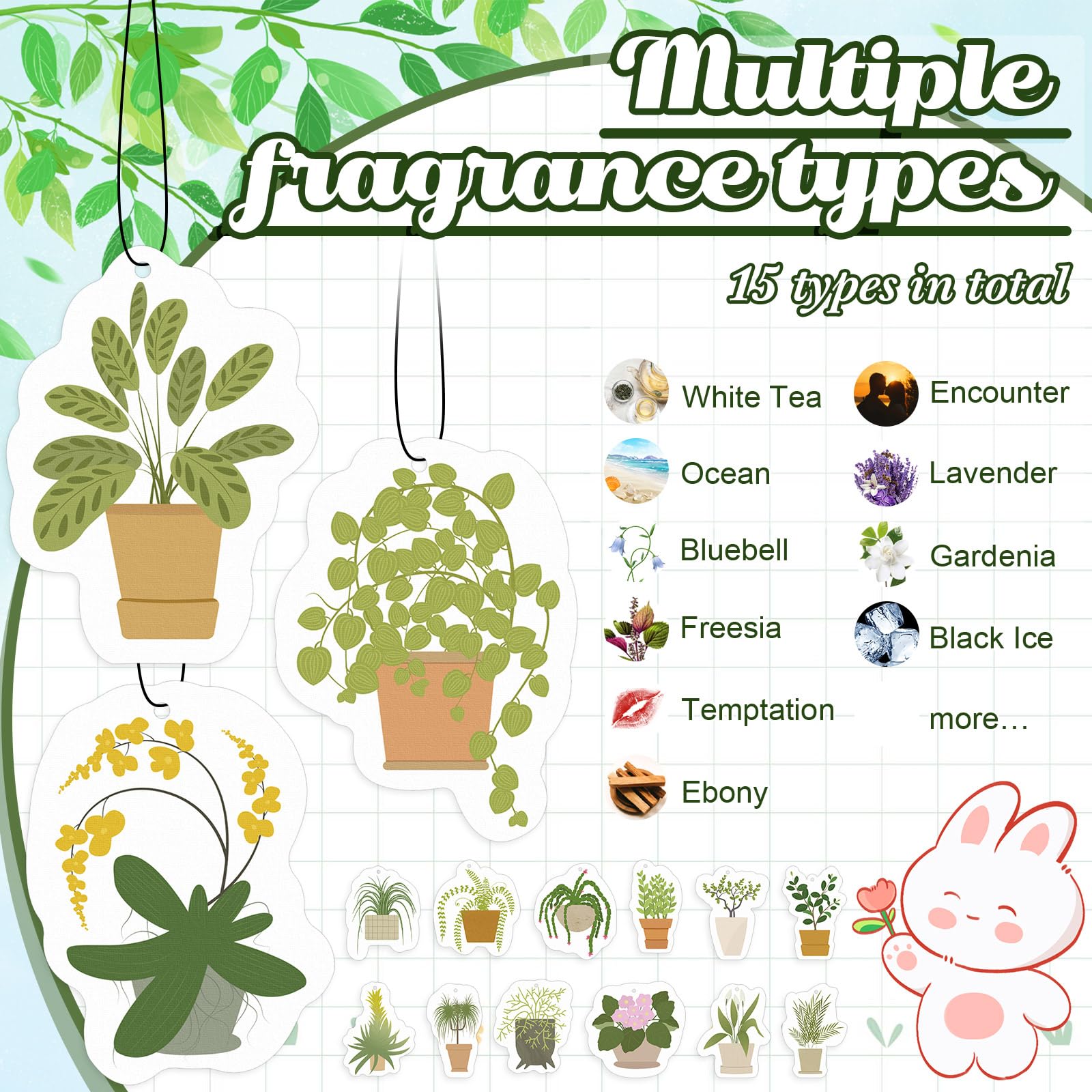 15 piezas de ambientador de plantas colgantes de larga duración, accesorios divertidos para coche, espejo, ambientadores de coche, lindos perfumados, decoración de coche, adornos para mujeres y