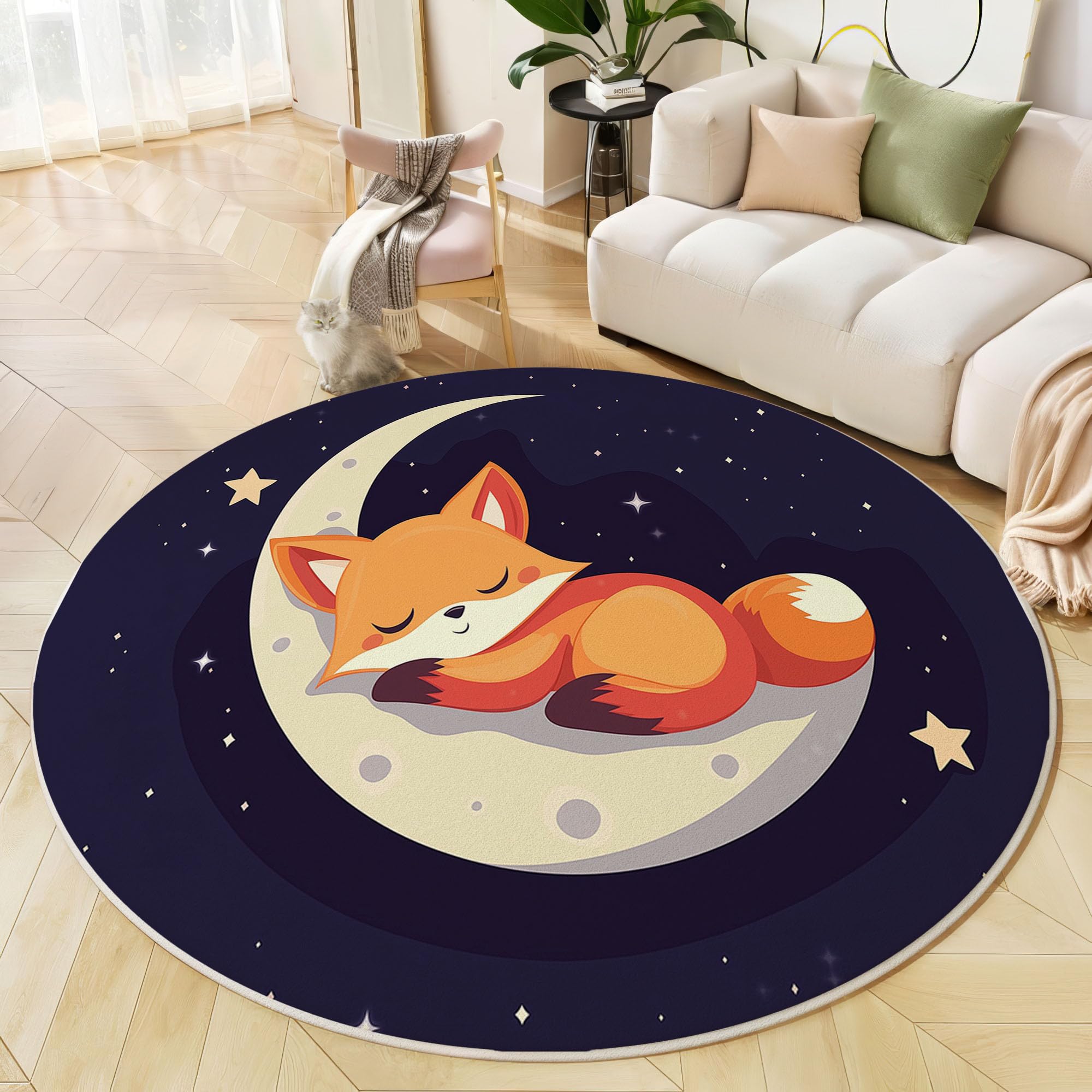 Tapis Rond pour Enfant - Animaux de Dessin animé - Lune du Renard - pour Chambre d'enfant Salle de Jeux Chambre d'adolescent Salon - Couleur Orange
