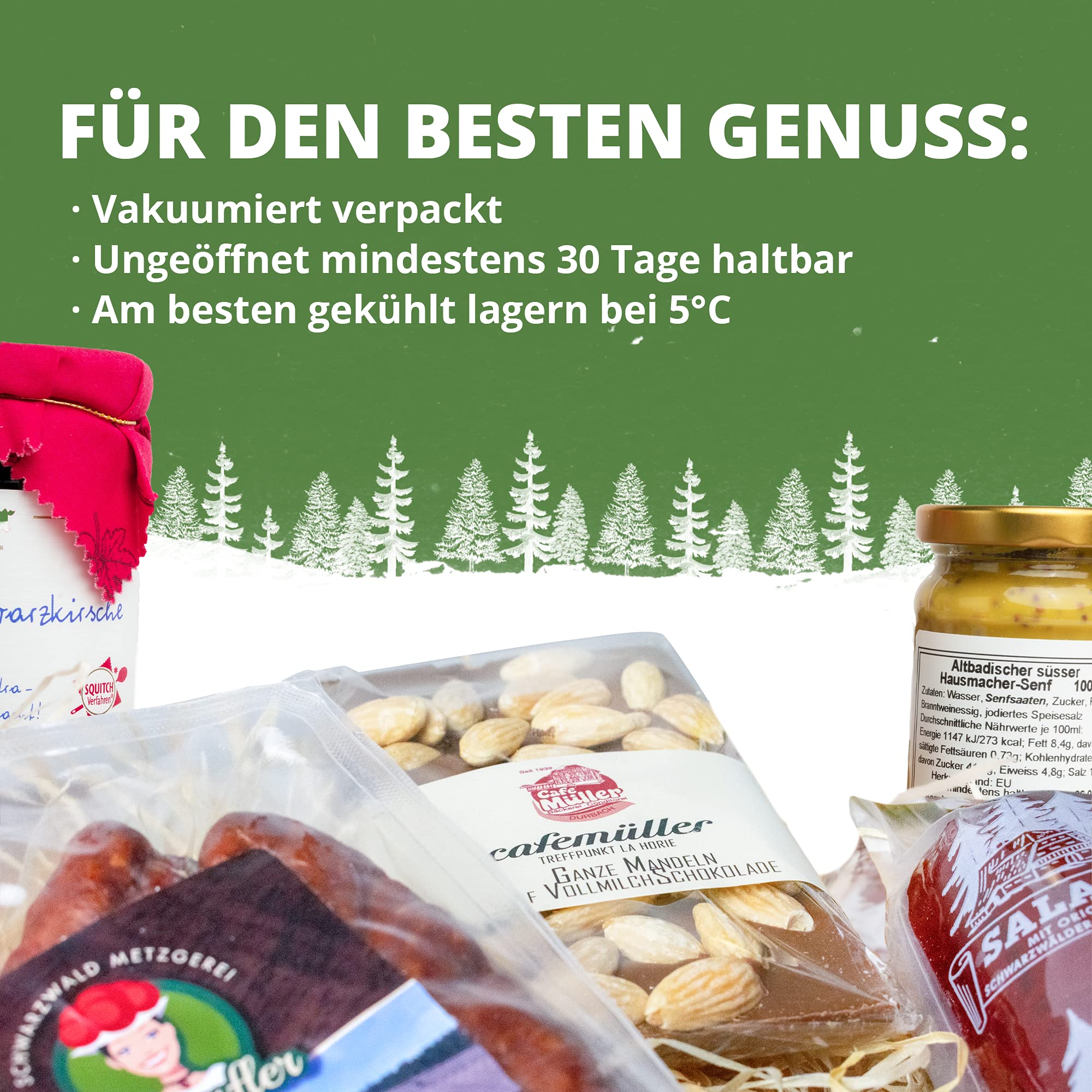 Schwarzwald Metzgerei "MARIE" Präsentkorb - Süss, salzig, würzig - Zusammenstellung mit Würsten, Marmelade, Senf, Schokolade, Schinken und Salami - 6 teilig