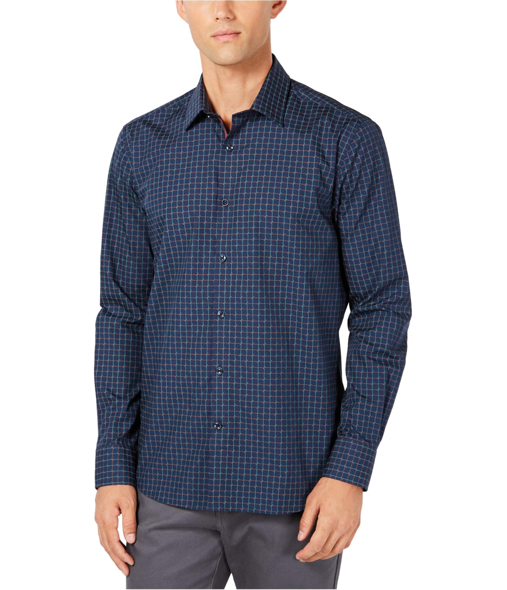 Ryan SeacrestDistinction Mens Grid Print Button Up Shirt, Blue, Large