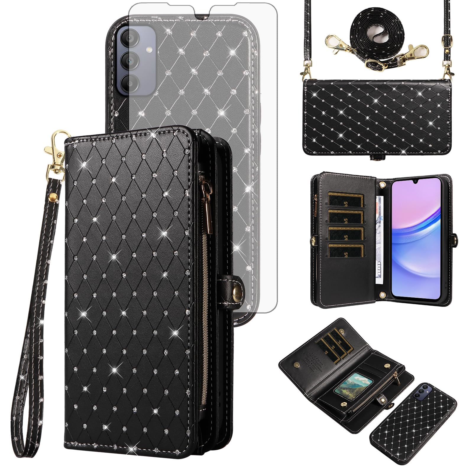 Asuwish Phone Case for Samsung Galaxy A15 5G/4G Zipper Wallet Detachable Cell Cover with Tempered Glass Screen Protector Crossbody Lanyard Strap