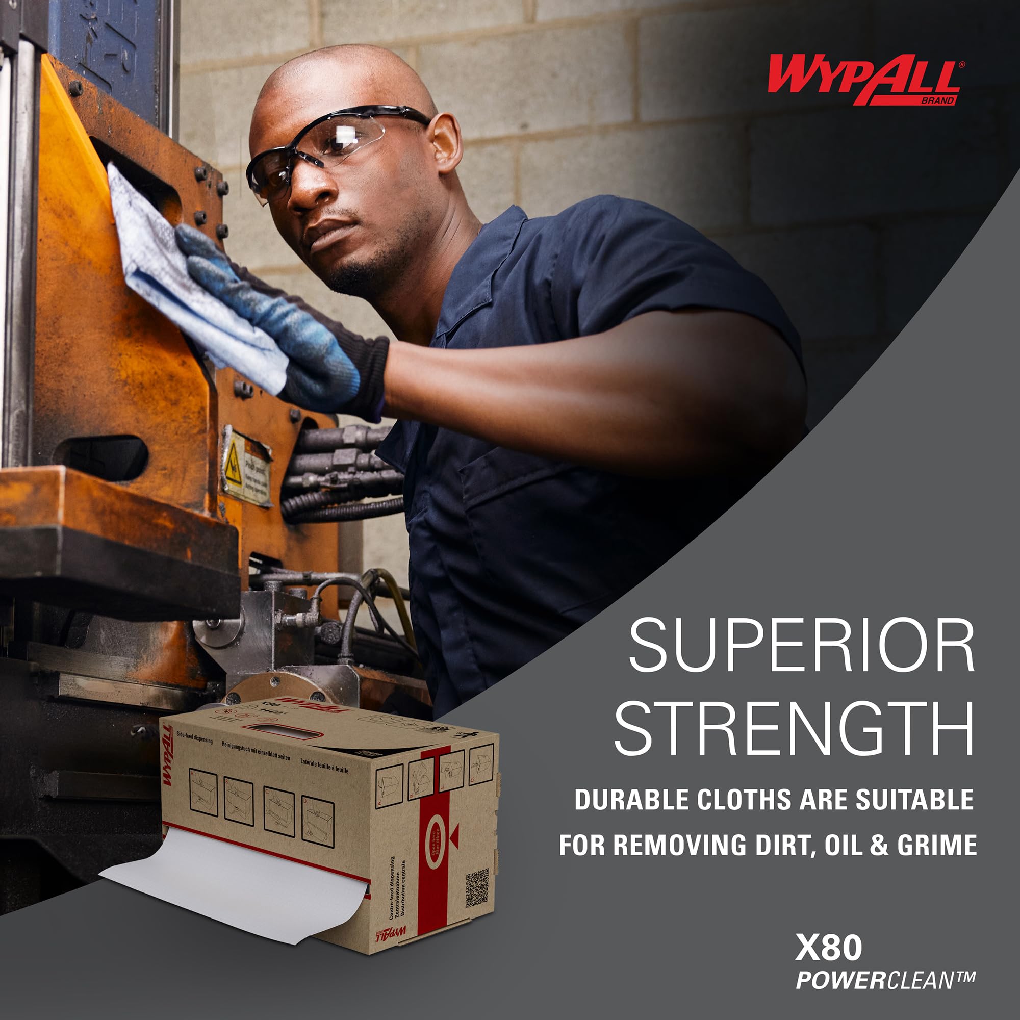 WypAll X80 Power Clean Reinigungstücher 8252, weiße Wischtücher für schwere Reinigungsaufgaben, 2-in-1 Midi-Rollenreinigungssystem, 1 Rolle x 180 Wischtücher