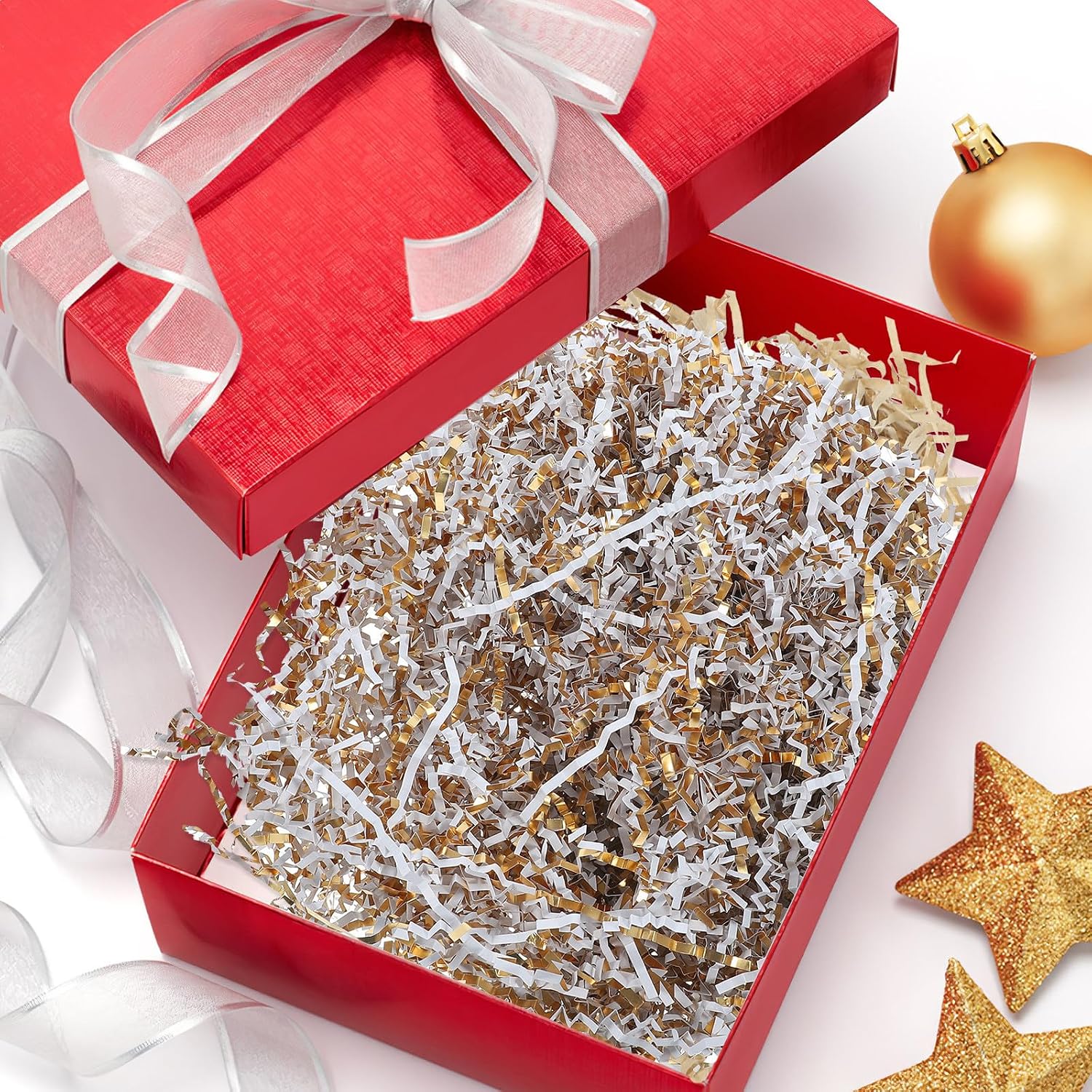 ARTIBETTER Gold and Silver Raffia Shredded Tissue Paper Filler, 5pcs 100g Each, Crinkle Cut Packaging Box Stuffing for Wrapping, Basket Filling, Party and Holiday Decoration