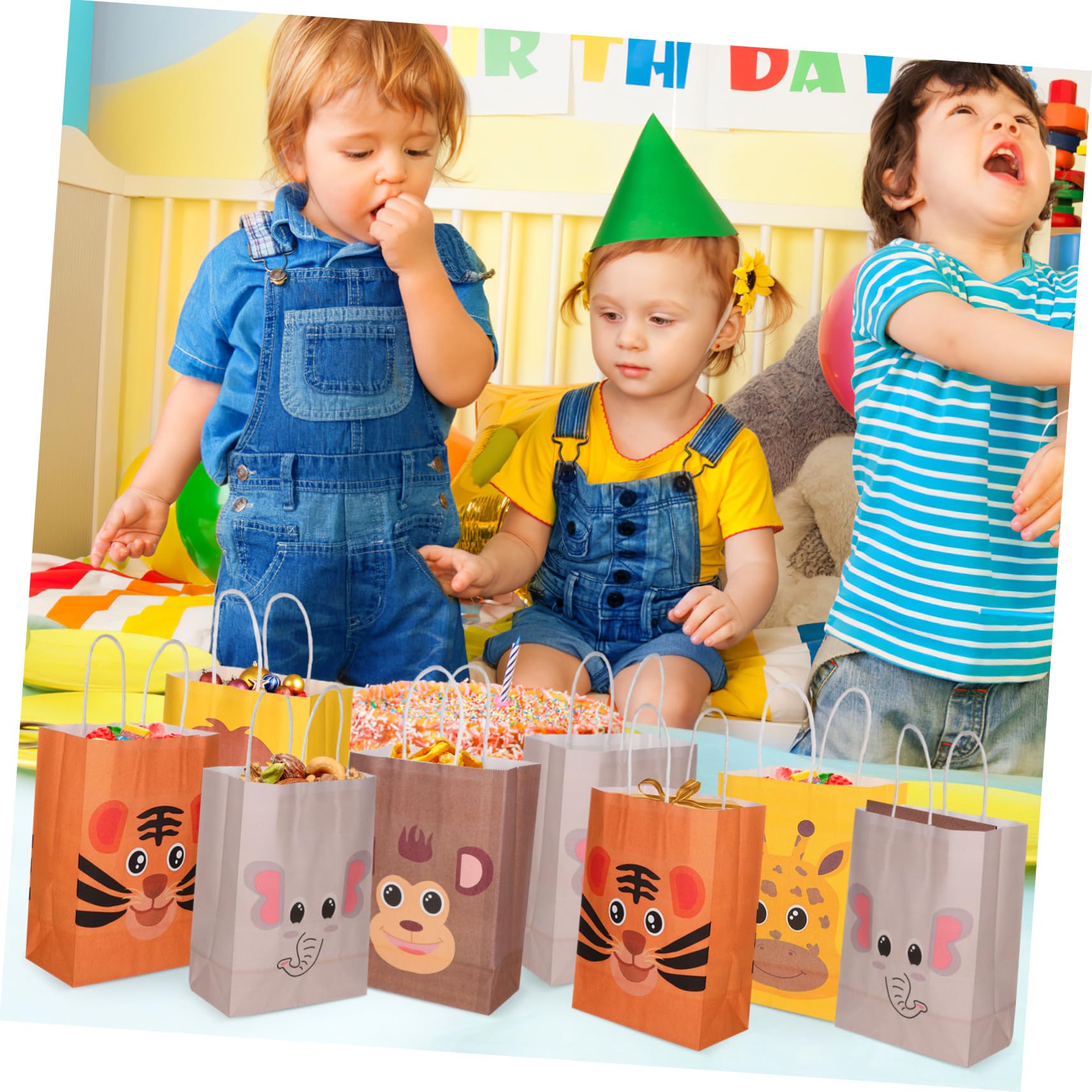 SKISUNO Geschenktüten Vielseitig Einsetzbar aus Kraftpapier mit Tiermotiven 24 Stück und Henkel in Verschiedenen Farben für Kindergeburtstag und Partys