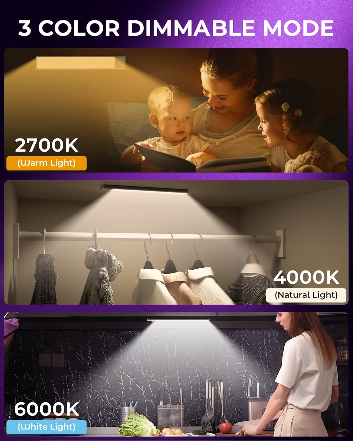 ASOKO HOME Under Cabinet Lights Motion Sensor Light Indoor 3-Light Colors 2000mAh Rechargeable LED Closet Lights Battery Operated Under Cabinet Lighting Wireless (3-Light Colors, 2Pack)