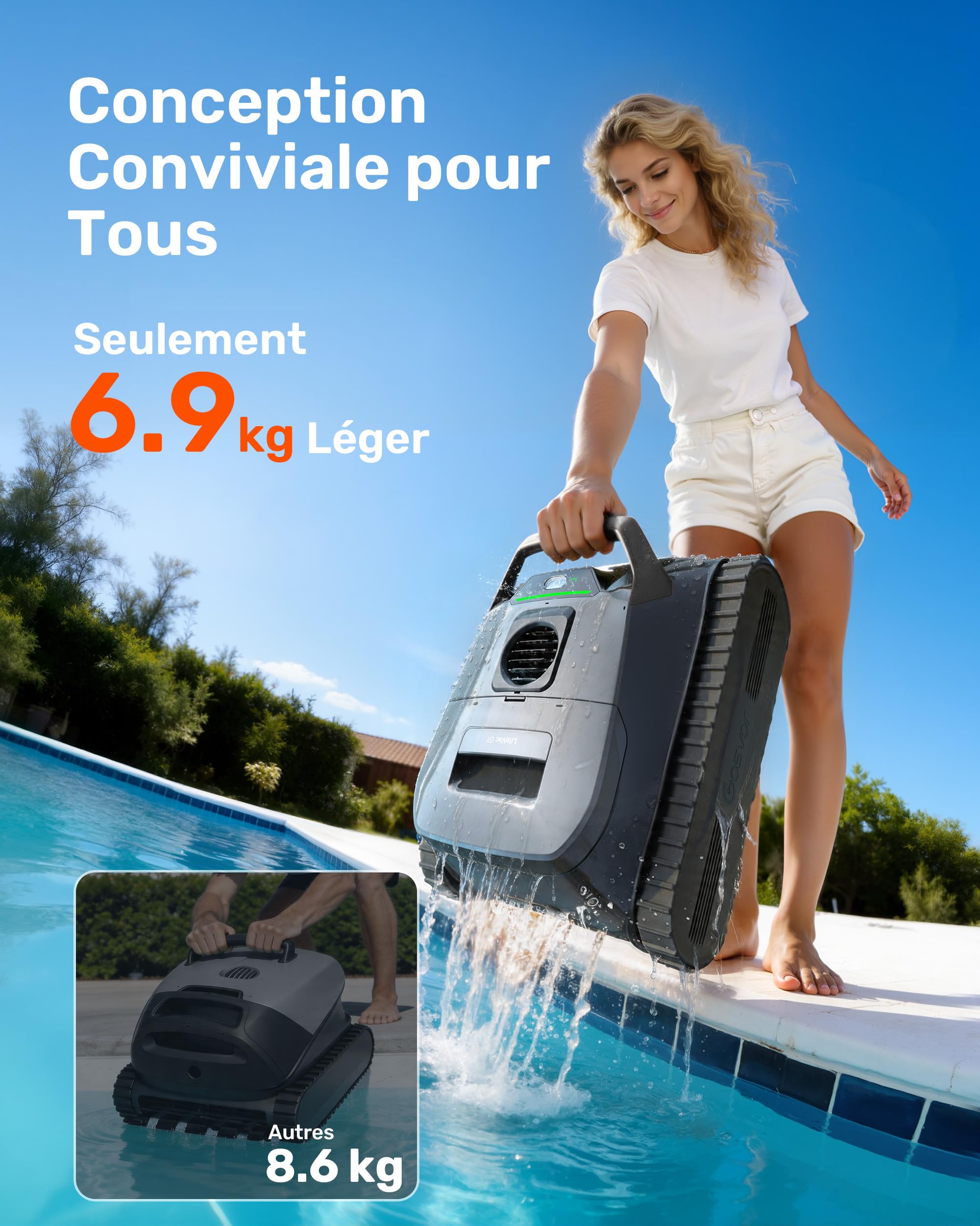 Gosvor LiteVac G1 Robot Piscine Fond et Parois, 6,9 kg Ultra Léger, Jusqu’à 200 Min d’Autonomie, Double Filtration, Navigation Intelligente & App, pour Piscines Jusqu’à 200 m²
