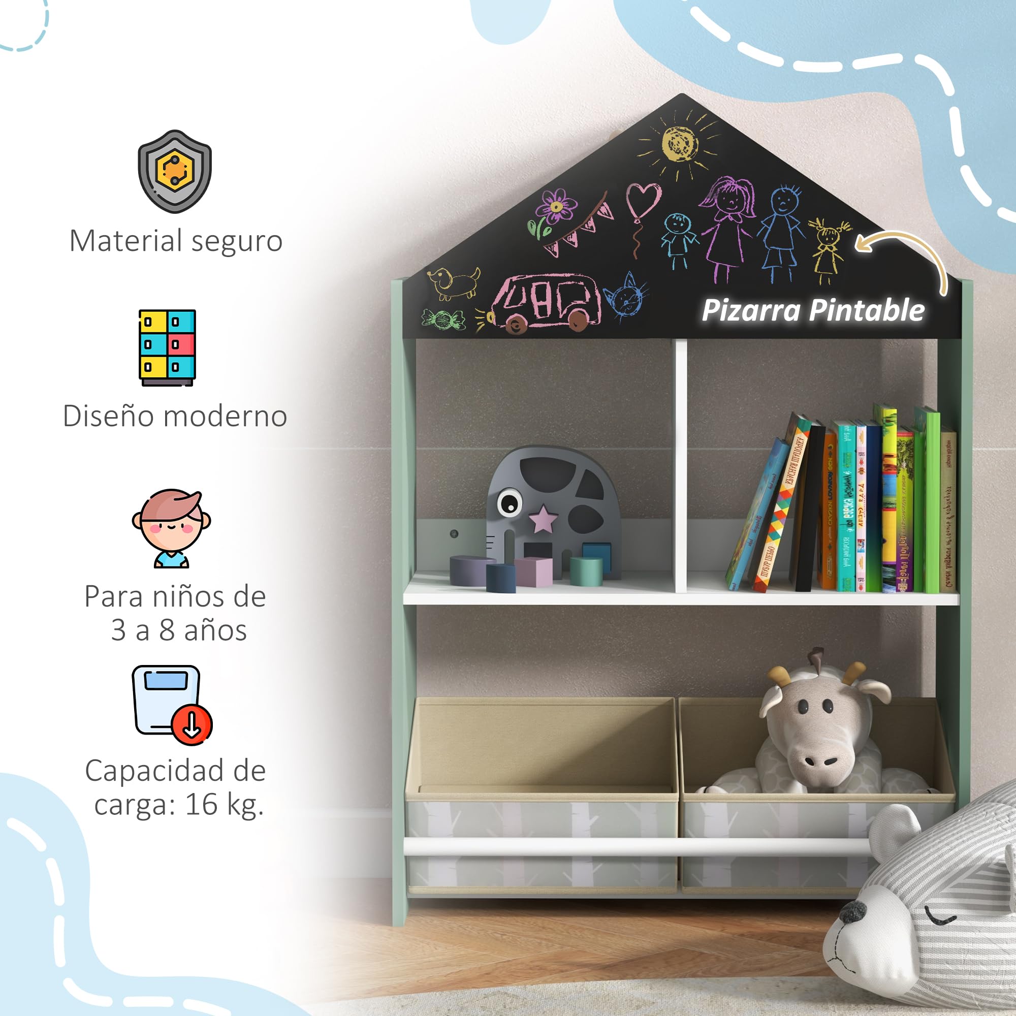 ZONEKIZ Estantería para Juguetes Organizador Infantil con Pizarra Pintable Estantes Abiertos y 2 Cajas de Tela no Tejida Extraíbles para Sala de Juegos Habitación Guardería 62,4x26,5x90 cm Verde