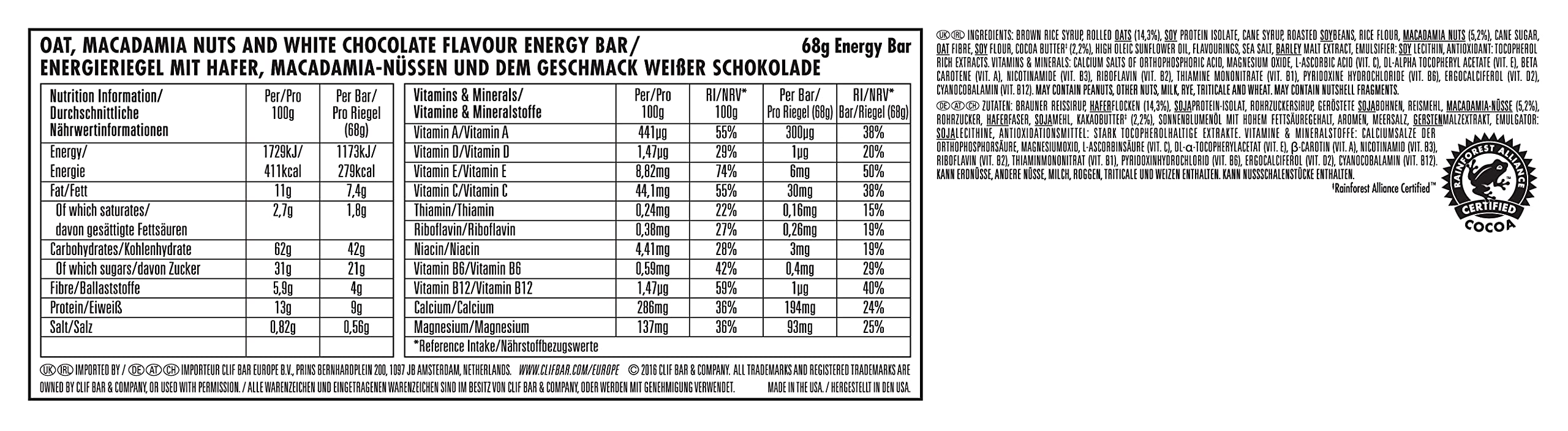 Clif Bar Barretta Energetica, Cioccolato Bianco - Pacco da 12 x 68 gr - Totale: 816 gr