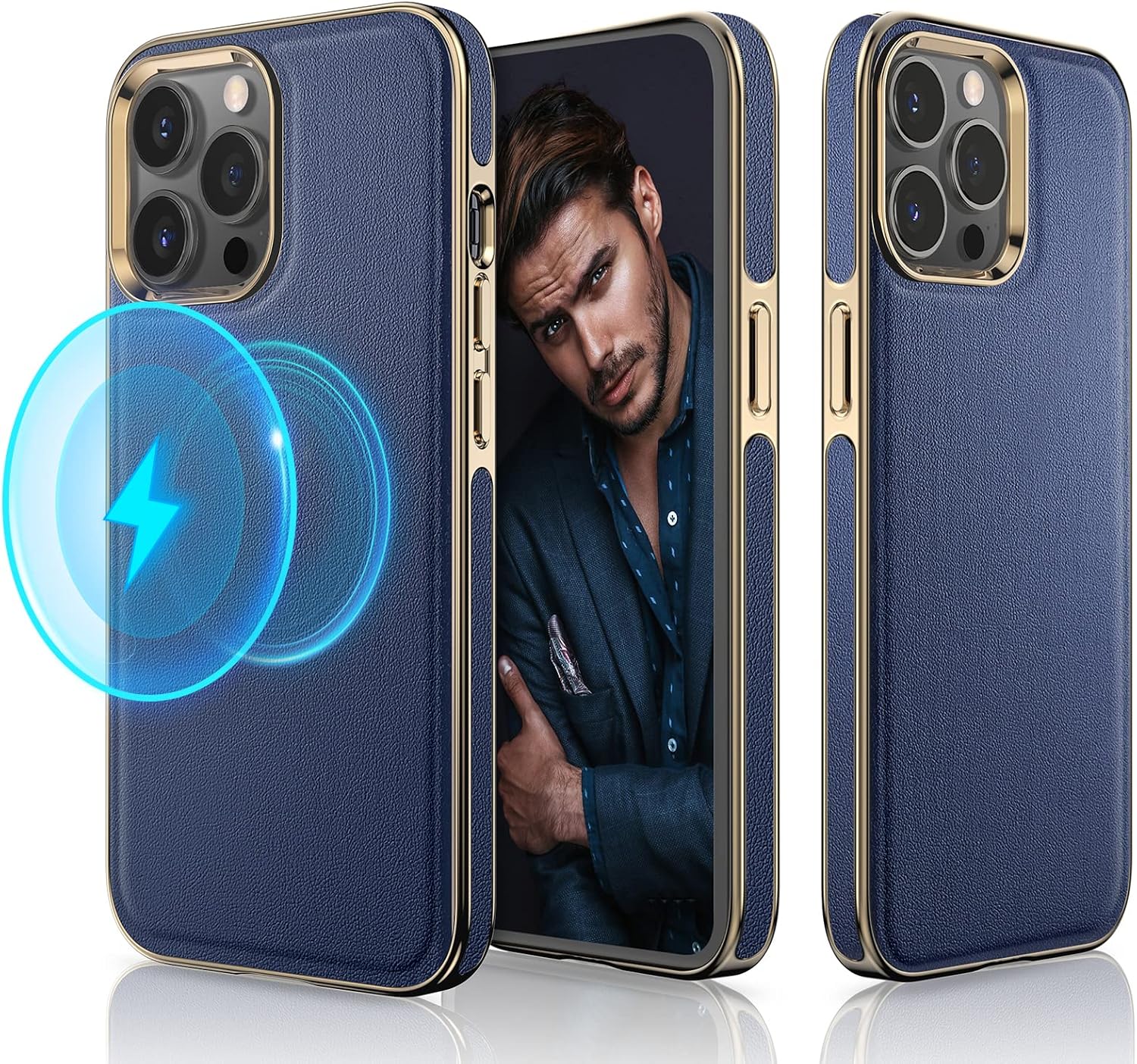 LOHASIC Magnetic Case for iPhone 14 Pro Max Leather, Business Premium Classic [Compatible with Mag-Safe] Back Cover Non Slip Phone Cases for iPhone 14 Pro Max 6.7 inch - Navy Blue