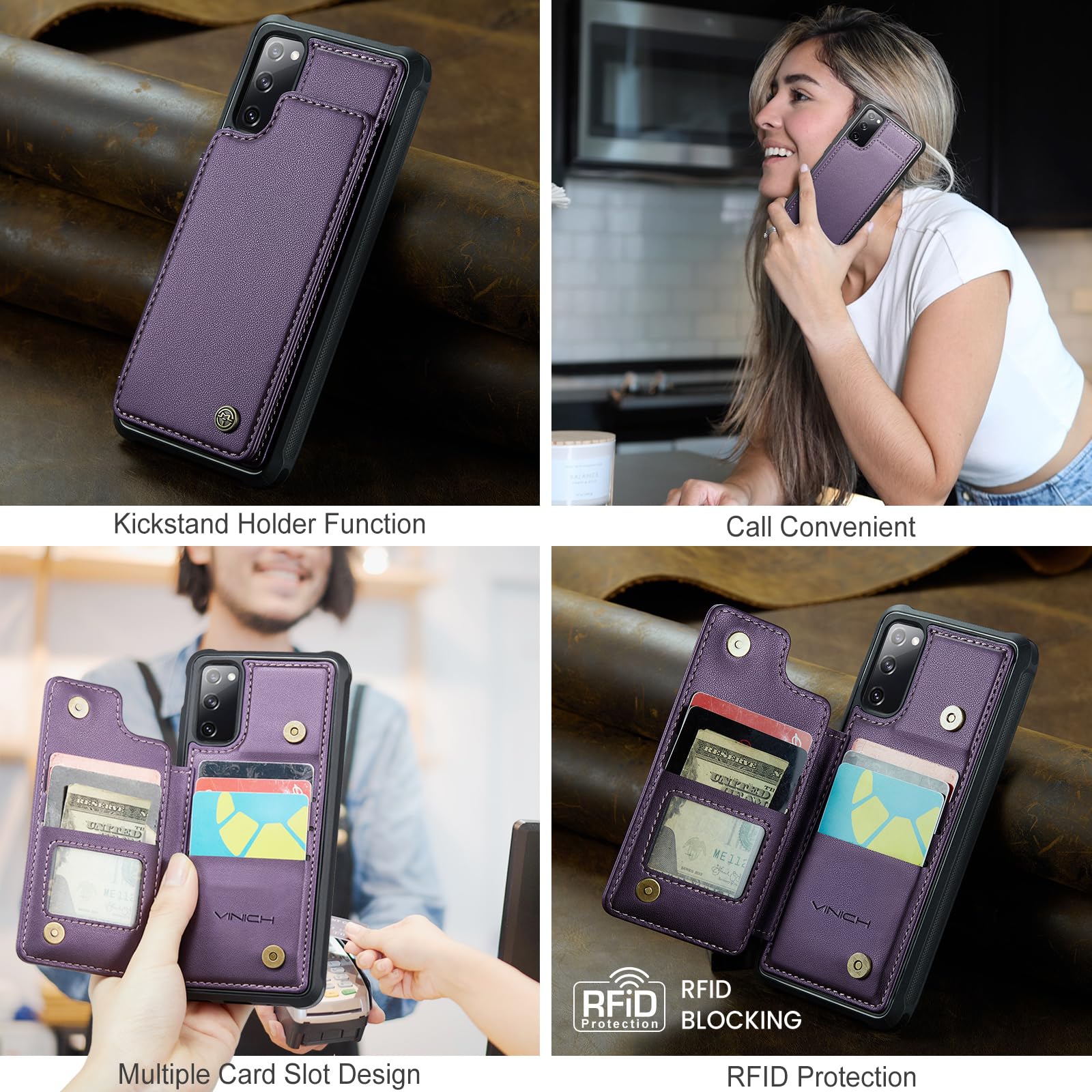 Vinich Funda para Samsung Galaxy S20 FE con tarjetero, funda tipo cartera para Samsung S20 FE para mujeres y hombres con bloqueo RFID, funda de cuero duradero a prueba de golpes para Galaxy S20 FE 5G,