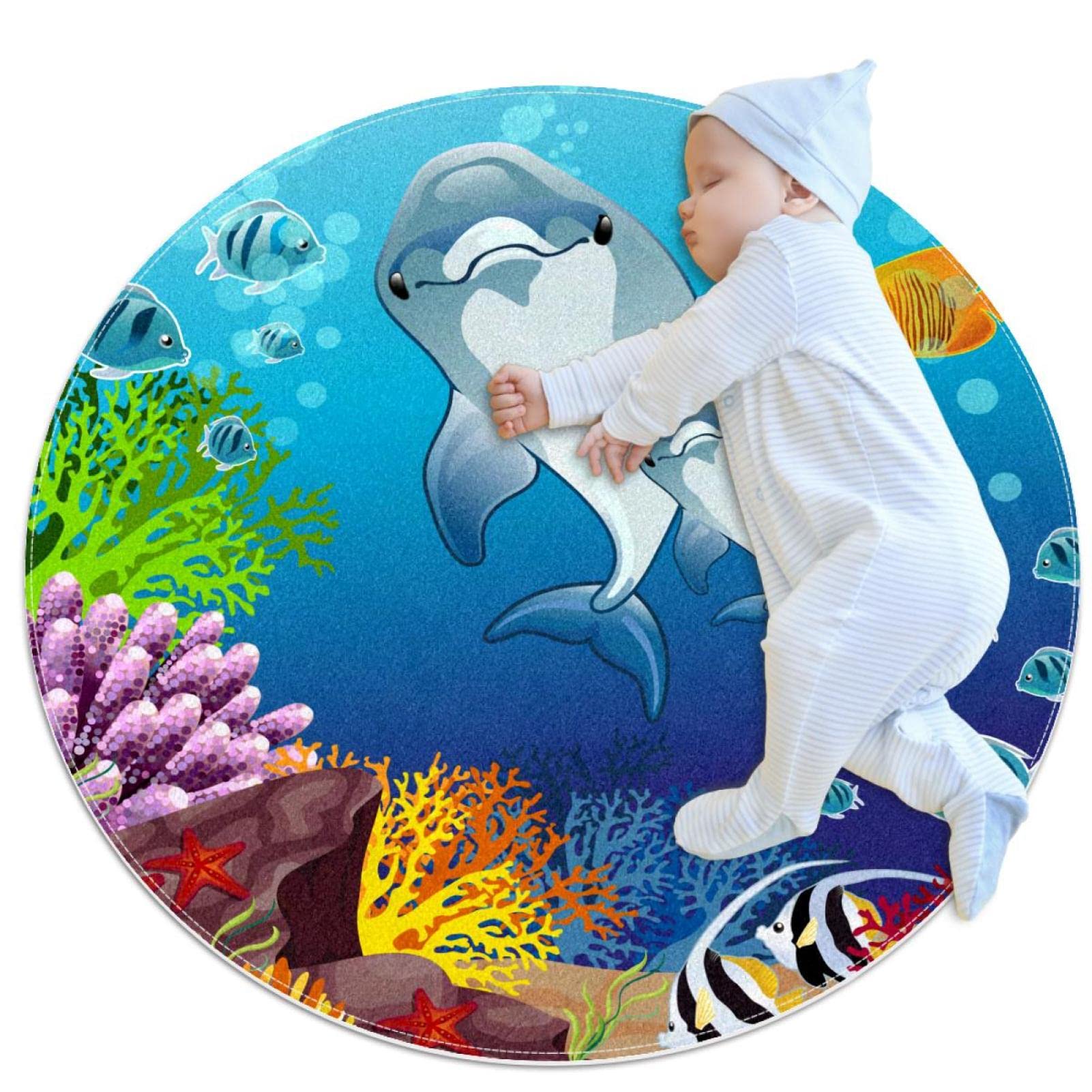 Tapis de jeu pour enfants dauphin JDEZ - Tapis rond 80x80cm monde sous-marin