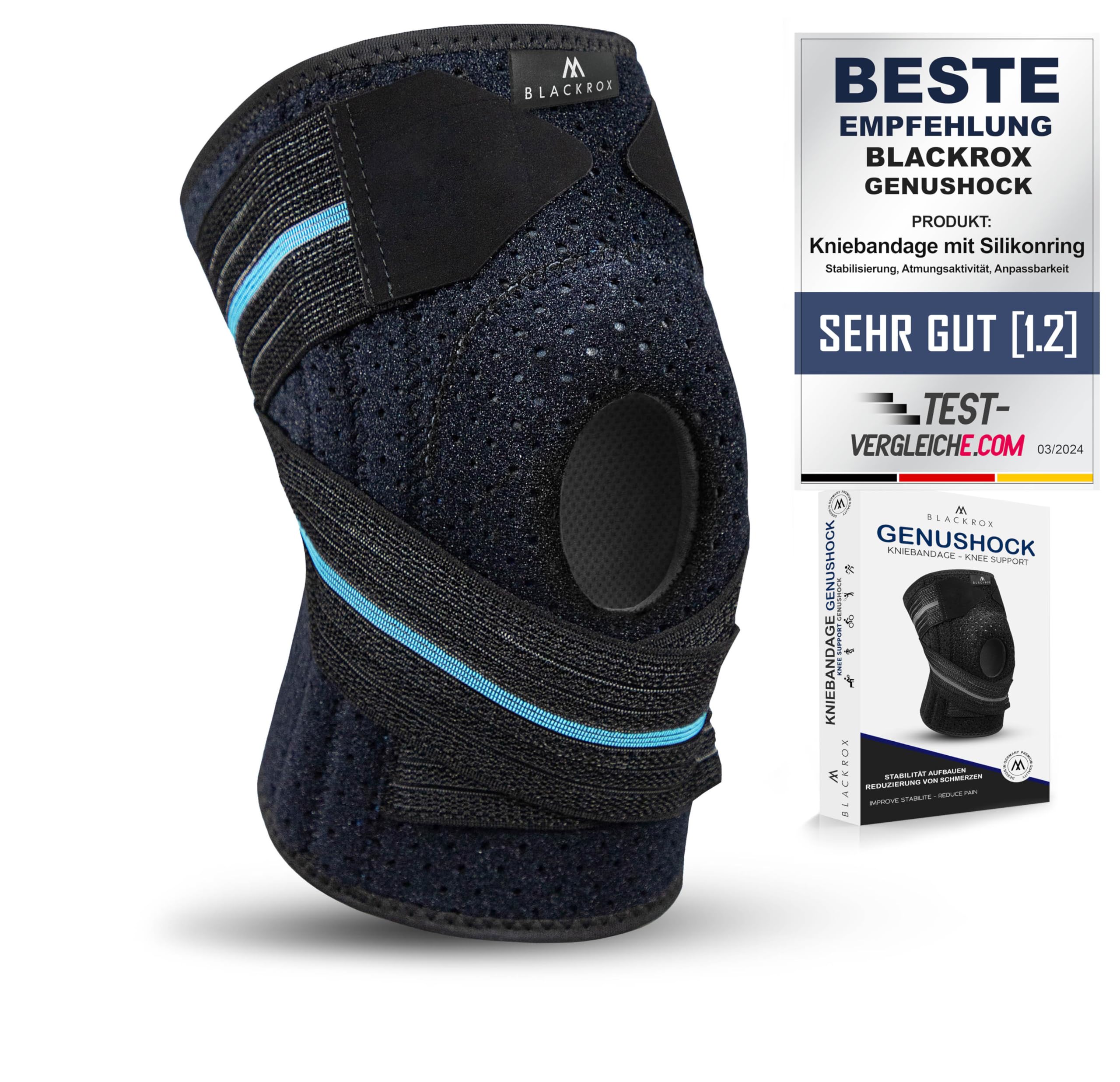 BLACKROX Rodillera con anillo de silicona [ganador de la comparación 2024] talla única, para hombre y mujer, estabilización para la rodilla y el menisco, perfecta para deportes, fútbol, deportes de
