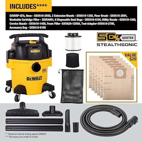 Miniatura 5 de DEWALT Stealthsonic Shop Aspiradora húmeda y seca, aspiradora ultrasilenciosa de 5 galones y 4 HP con kit completo de accesorios y 6 bolsas de polvo