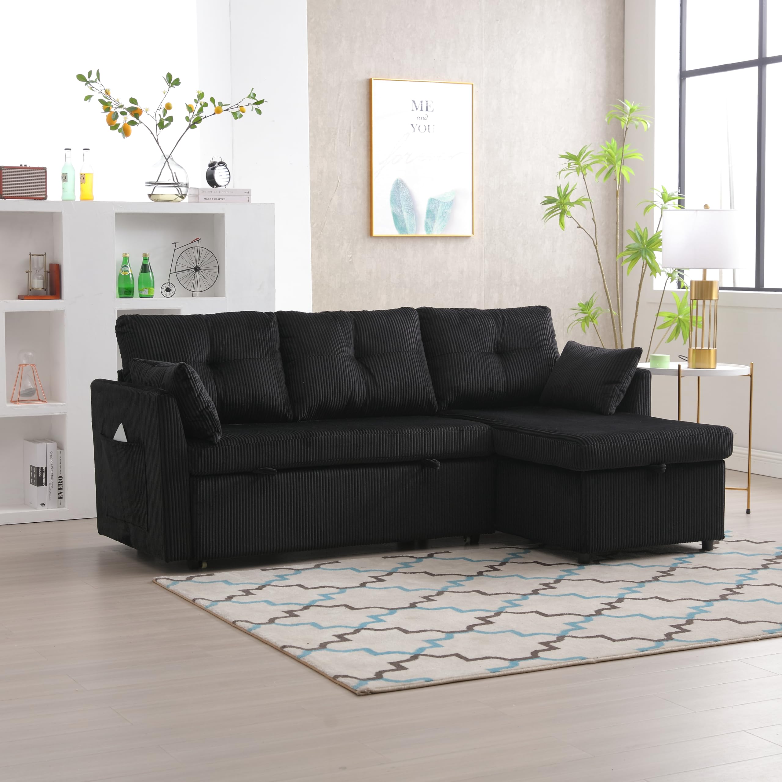 Divano Letto 3 Posti con Penisola, Divano Angolare 3 Posti Forma di L, Divano Letto Matrimoniale con Materasso, Divano 3 Posti con Braccioli e Vano Portaoggetti, Black Velvet