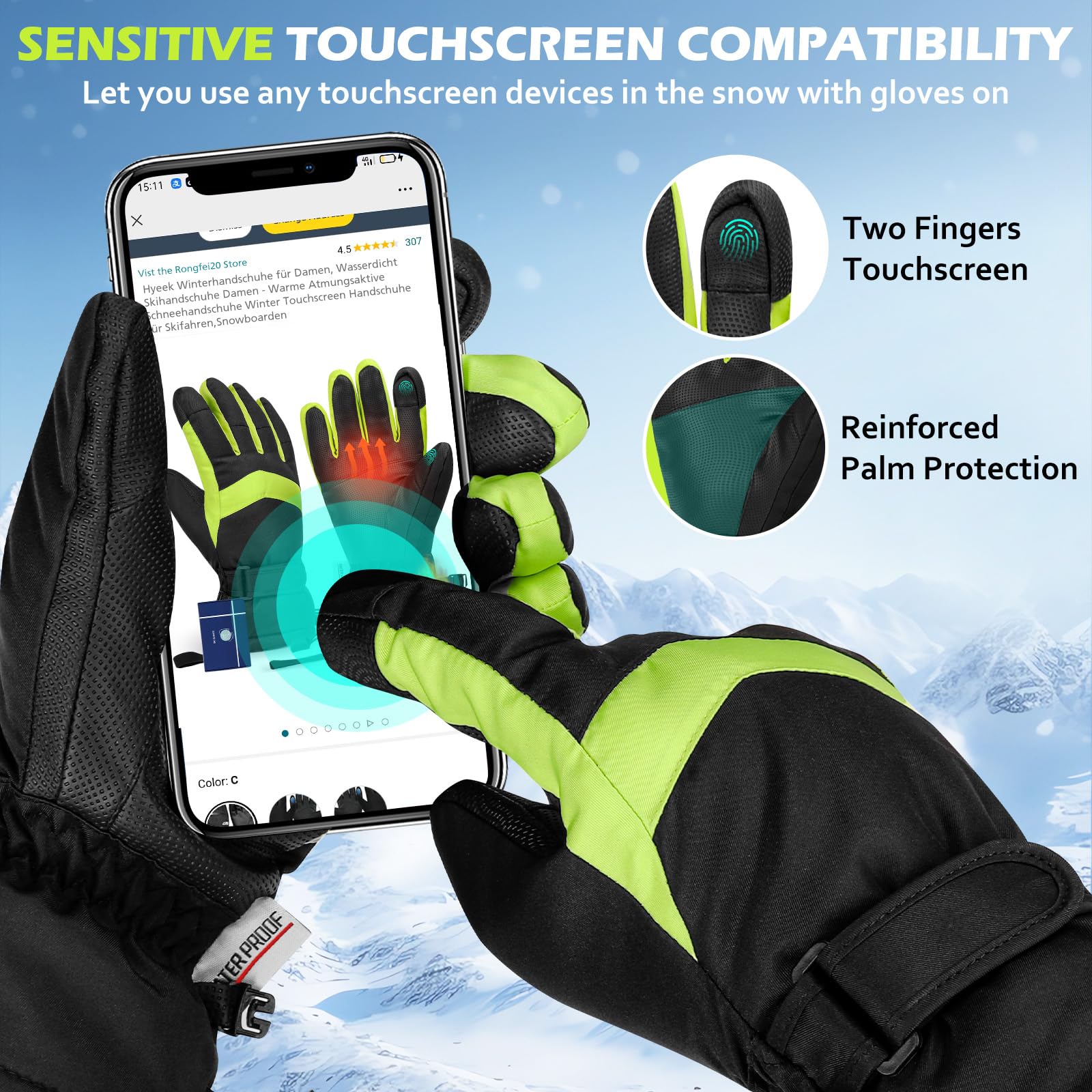 Hyeek Guanti Invernali Donna, Impermeabili Guanti Sci Donna - Caldi Touch Screen Guanti Neve per Ciclismo,Moto,Trekking,Corsa,Snowboard
