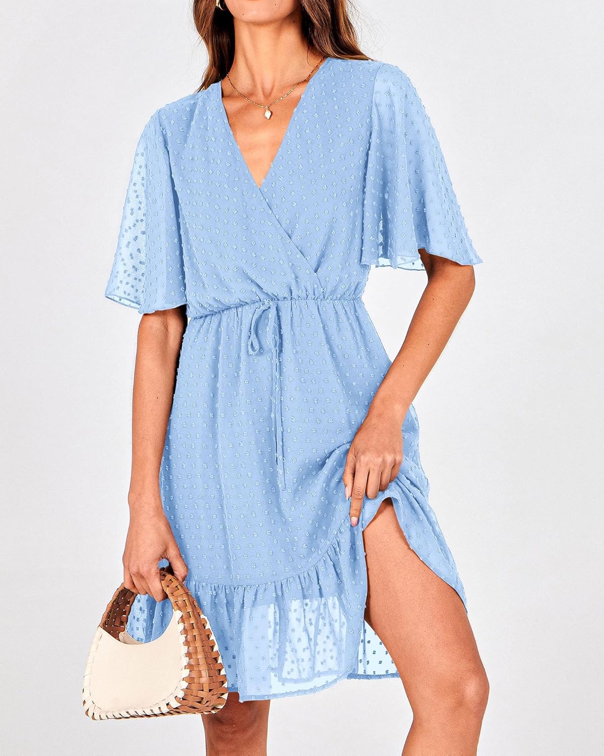 KIRUNDO Womens Summer Dresses 2026 Casual Spring Short Sleeve V Neck Ruffle Floral Print High Waist Belted Flowy Mini Dress - Image 6