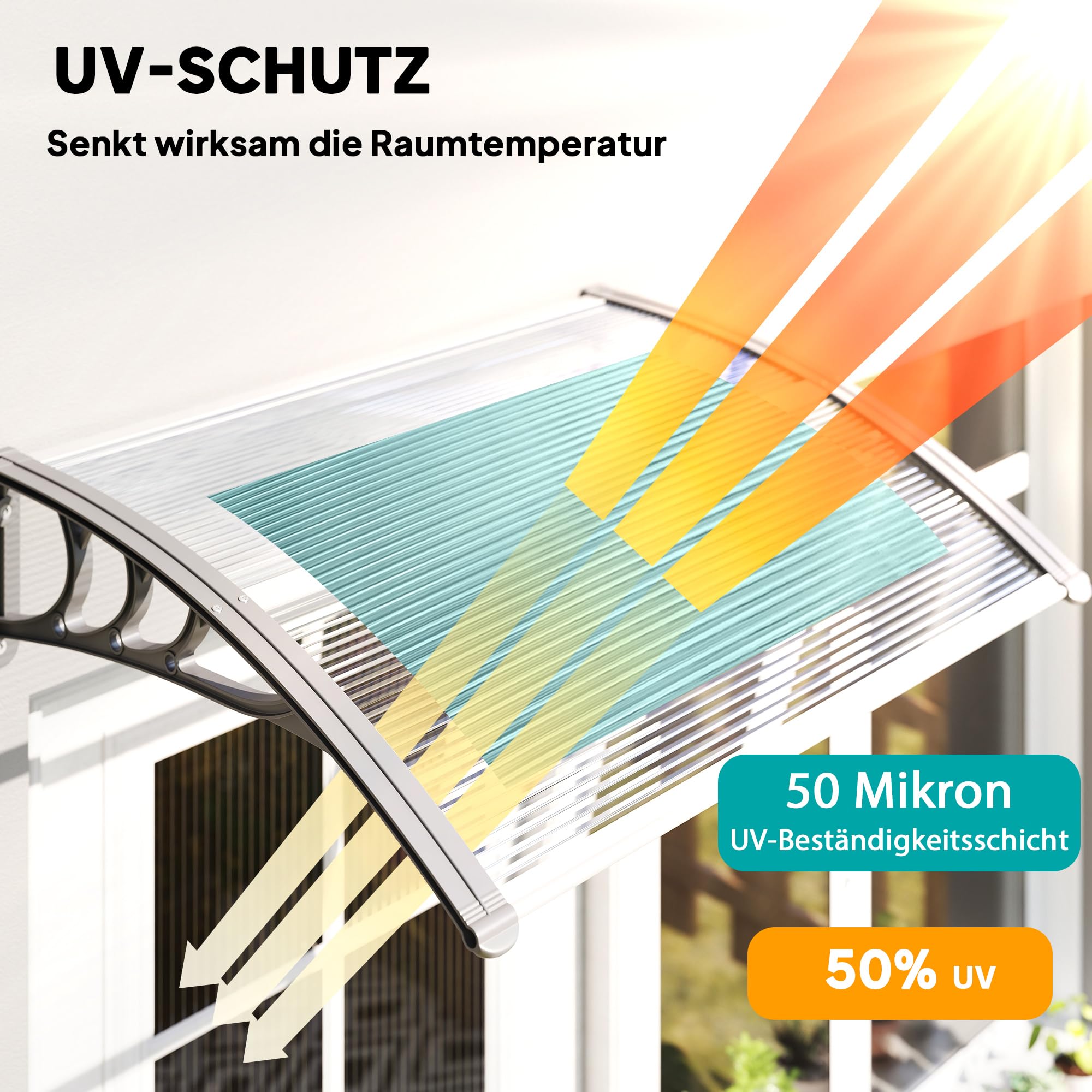 Outsunny Vordach für Haustür 100 x 75 cm Pultbogenvordach Überdachung aus Aluminium und Polycarbonat Pultvordach mit UV Schutz Haustürvordach für Balkon, Sonnenschutz, Regenschutz, Silber