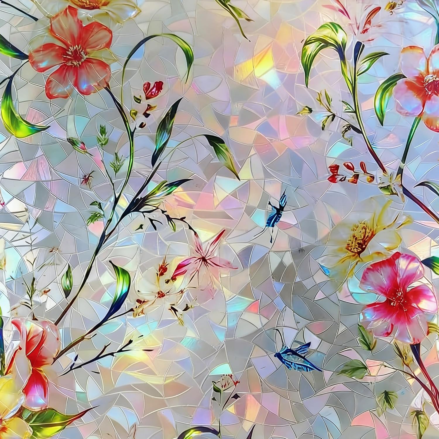 Vintage Floral 3D Rainbow Window Film, Static Cling Stained Glass Decal for Privacy, Non-Adhesive UV-Blocking & Decorative Floral Window Film for Home, Car Sunroof Decal, 23.62" x 78.74"