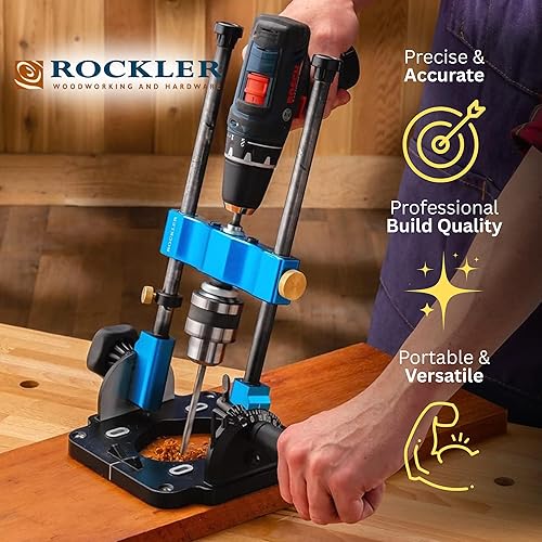 Miniatura 3 de Rockler Guía de taladro | Adaptador de prensa de taladro portátil para taladro manual - Ángulo de 0 a 60 con transportador y llave de portabrocas